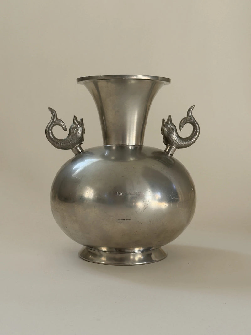 Pewter Vase by Ernst Svedbom, 1955 — front view highlighting decorative handles