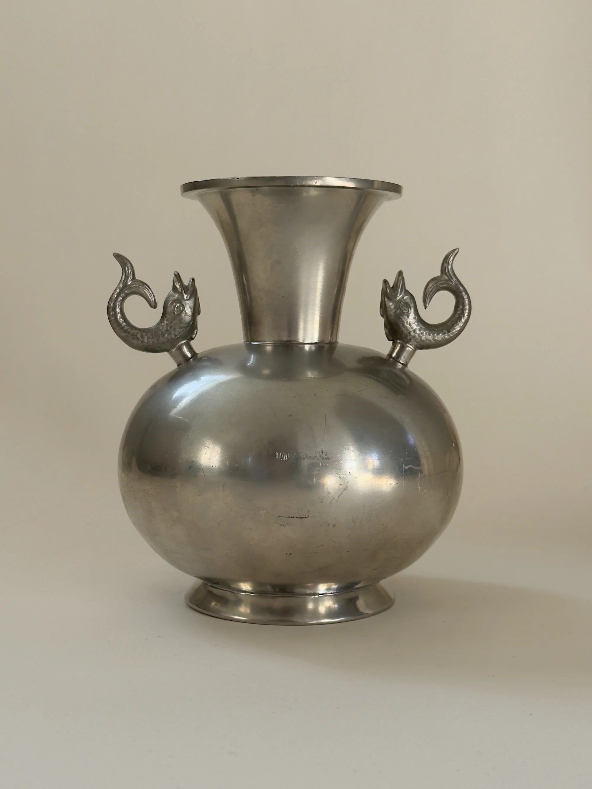 Pewter Vase by Ernst Svedbom, 1955 — front view highlighting decorative handles