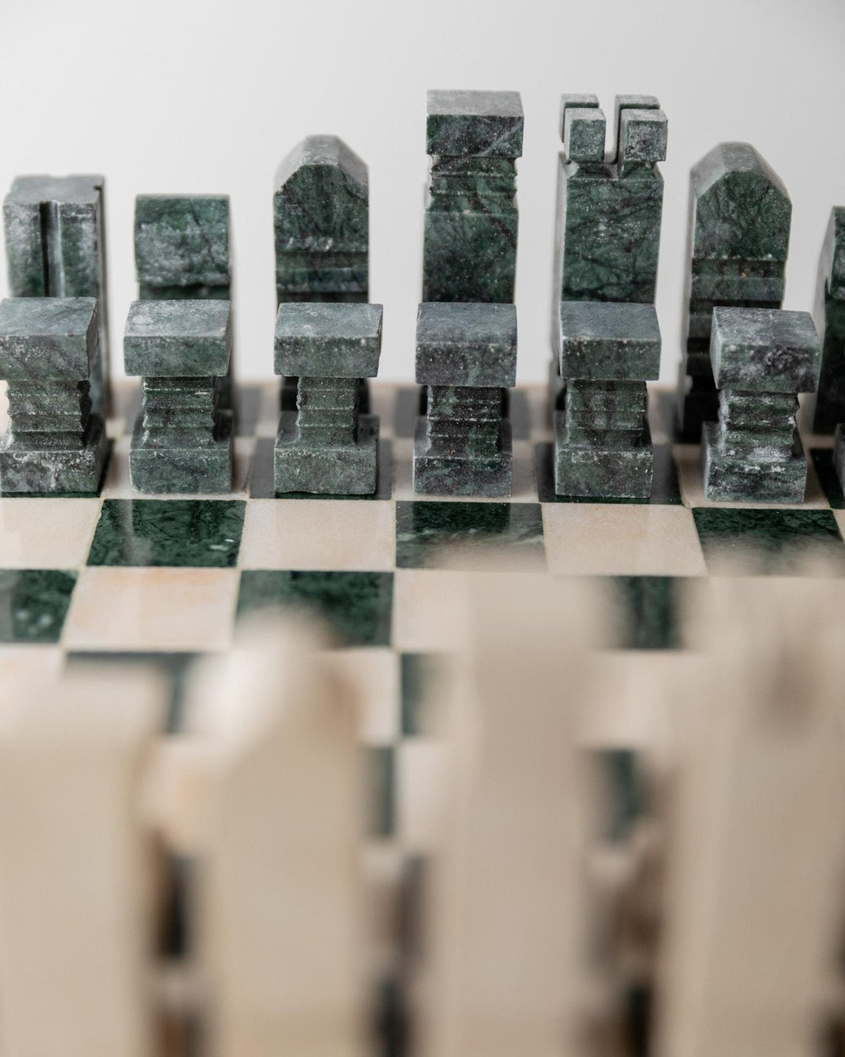 Vintage 1970s Marble Chess Set, Green and Beige Stone Chess Board, Heavy Design, Geometric Chess Pieces, Sculptural Table Game,  Gift Idea — lifestyle setting