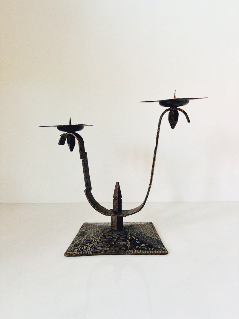 Hammered Metal 2 Arm Candlestick, Poland Mid Century by Huerto | The Oblist — handcrafted dark metal design