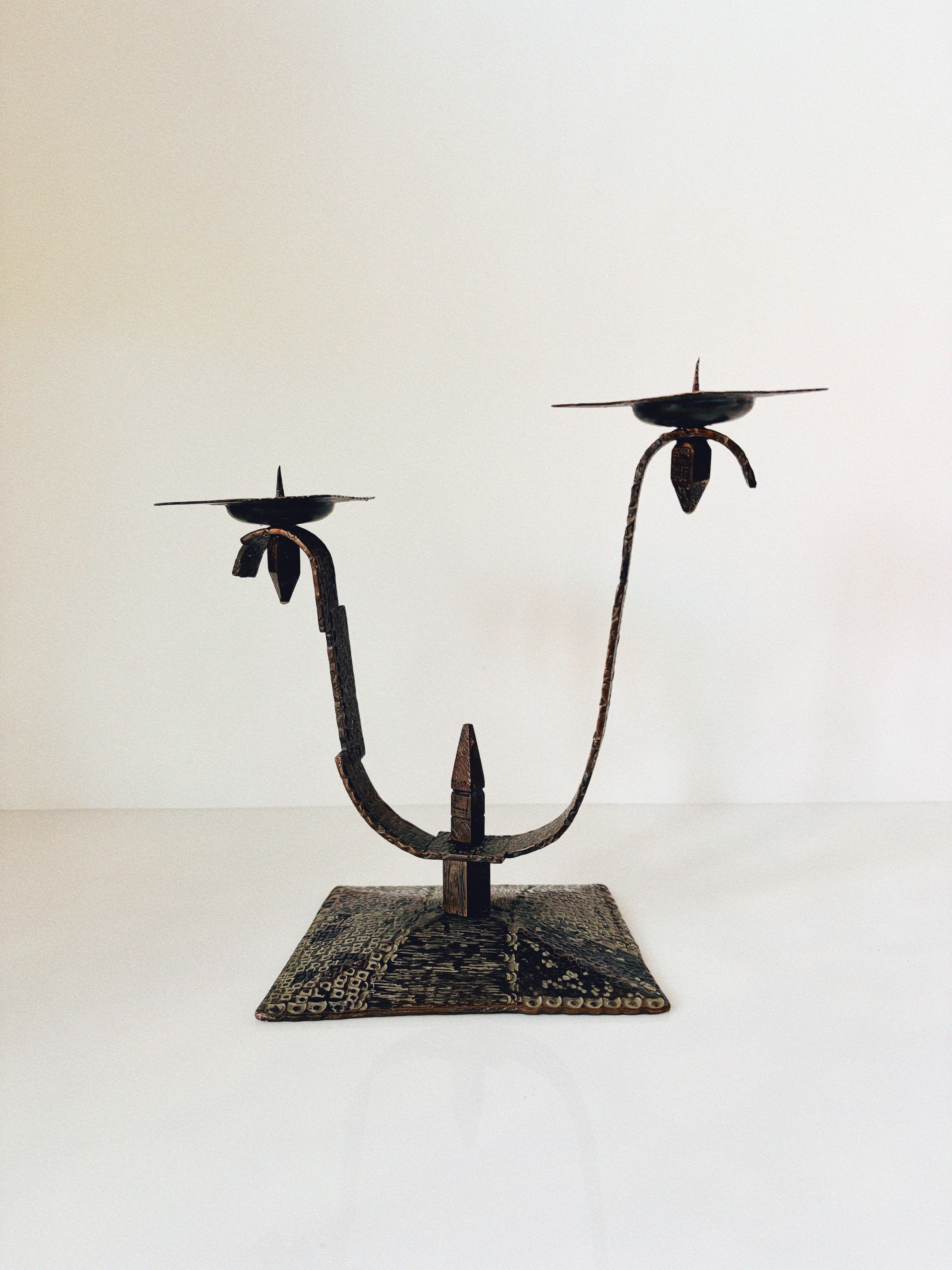 Hammered Metal 2 Arm Candlestick, Poland Mid Century by Huerto | The Oblist — handcrafted dark metal design