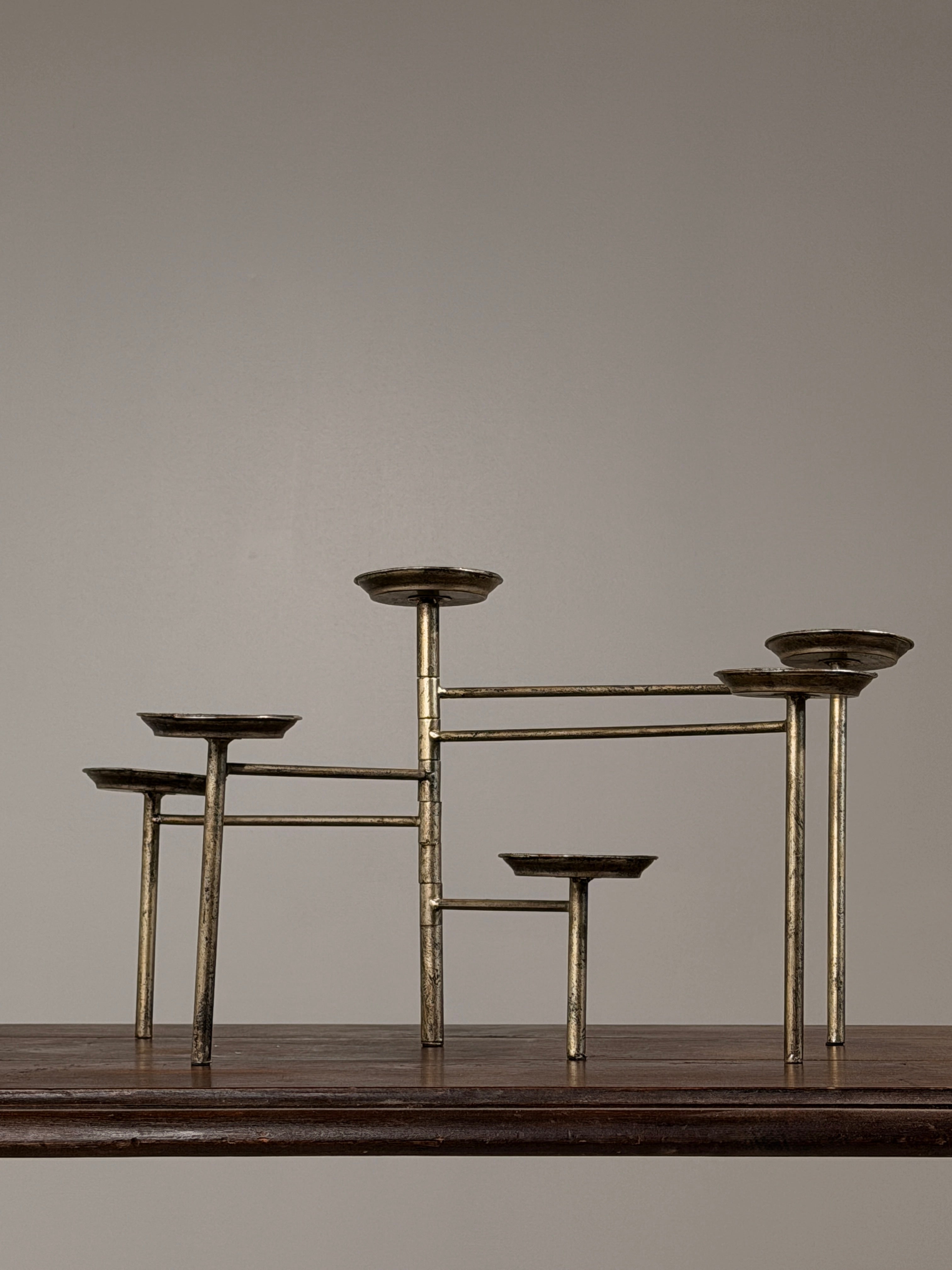 Articulated six-arm candelabra in silver-plated metal, France, circa 1950 — side angle