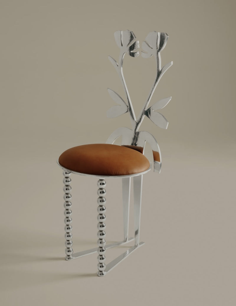 Mira chair profile view showing metallic plant backrest design