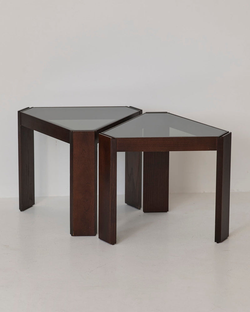 Stackable Triangular Wood and Glass Side Tables by Porada Arredi, c. 1970 — side angle