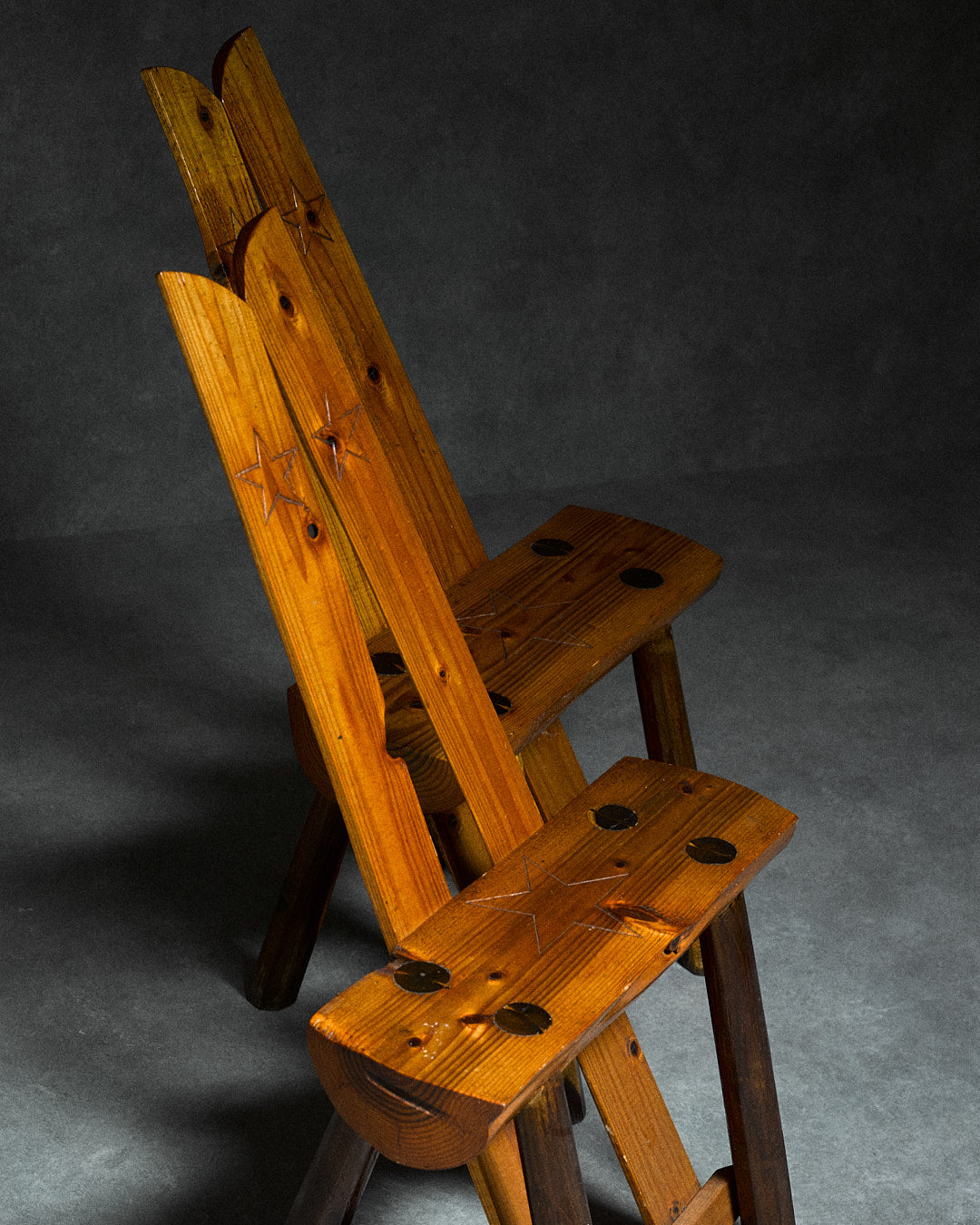 Set of 4 Folk-art Pine Chairs from the Italian Alps — side angle showing handcrafted wooden details