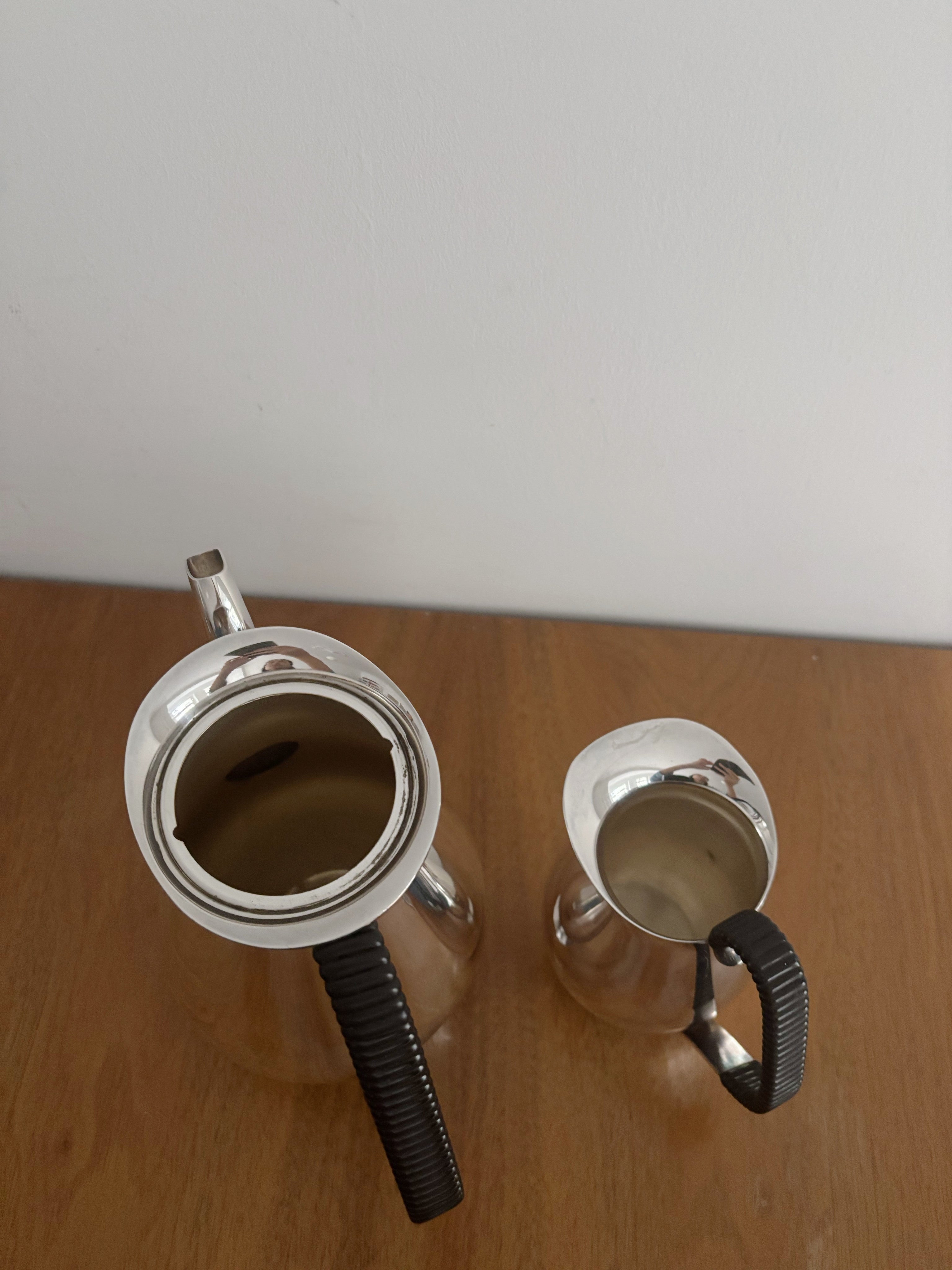 Danish Silver Plated Coffee Set, 2-Piece (c. late 1950s–early 1960s) — top view showing polished silver and black handles