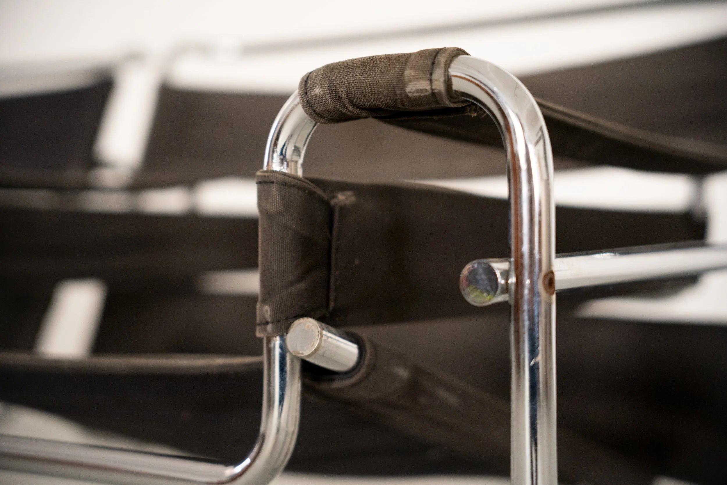 Wassily Chair by Marcel Breuer for Gavina — close-up of chrome frame and black canvas