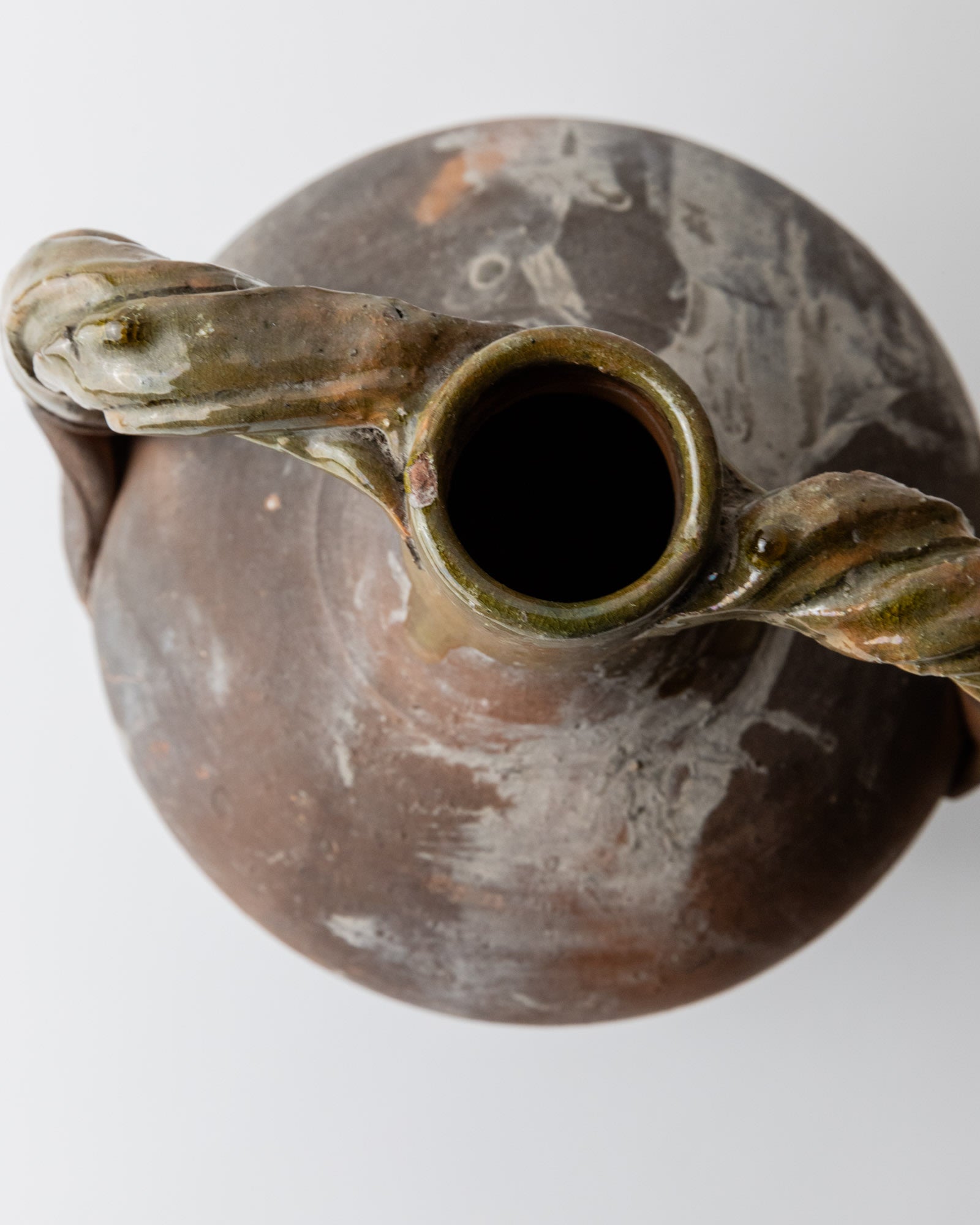 Antique 18th Century Terracotta Amphora — top view showing green handle detail