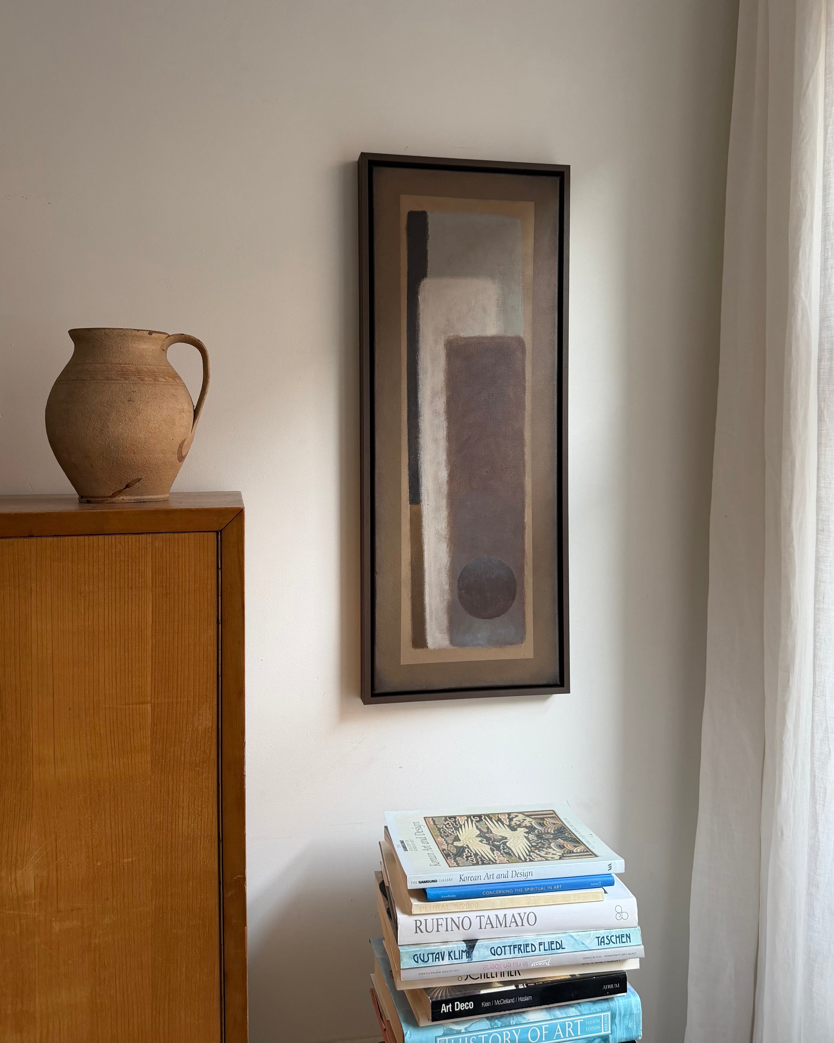 Mauve Sunset - Wood and Linen Painting — side angle with ceramic vase and books