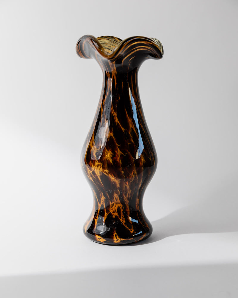 Vintage 1960s Murano Glass Vase, Tortoise Pattern with Wavy Rim | The Oblist — handmade artisan glass, brown and amber colors
