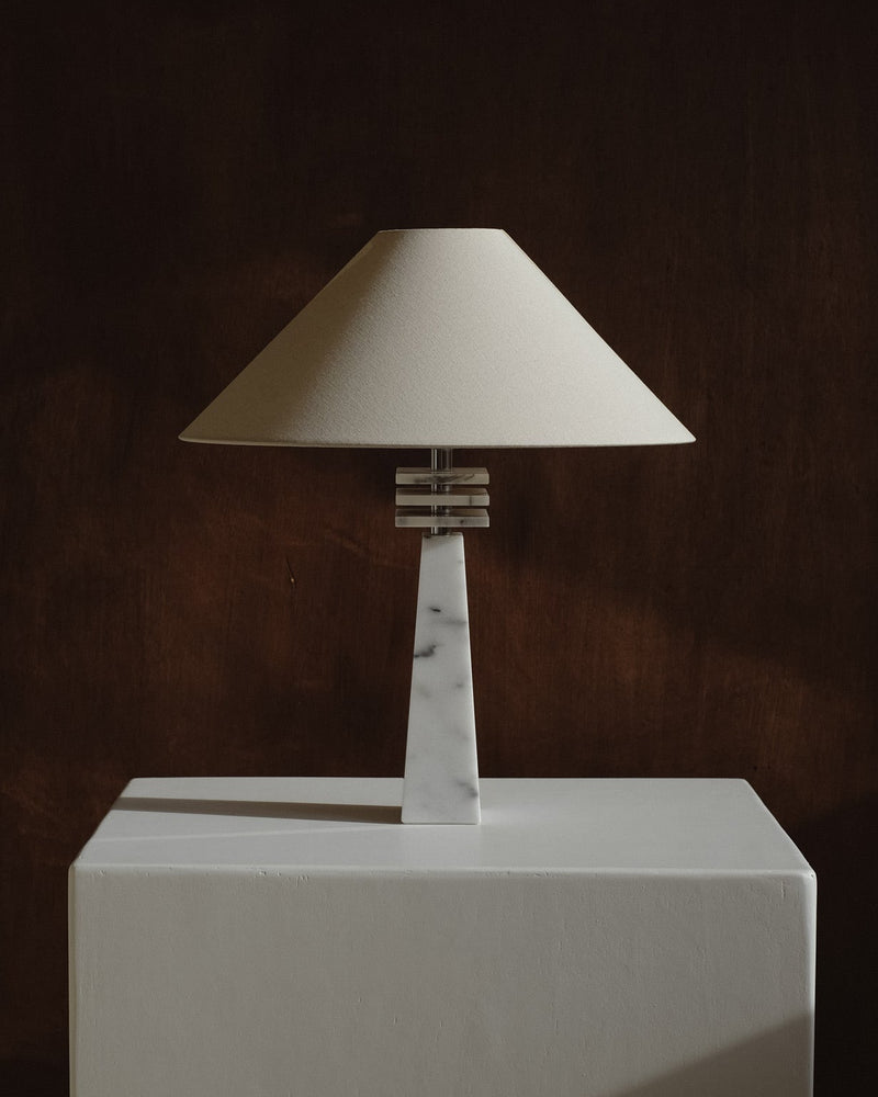 Marble Table Lamp by septembre studios | The Oblist — white marble base, fabric shade