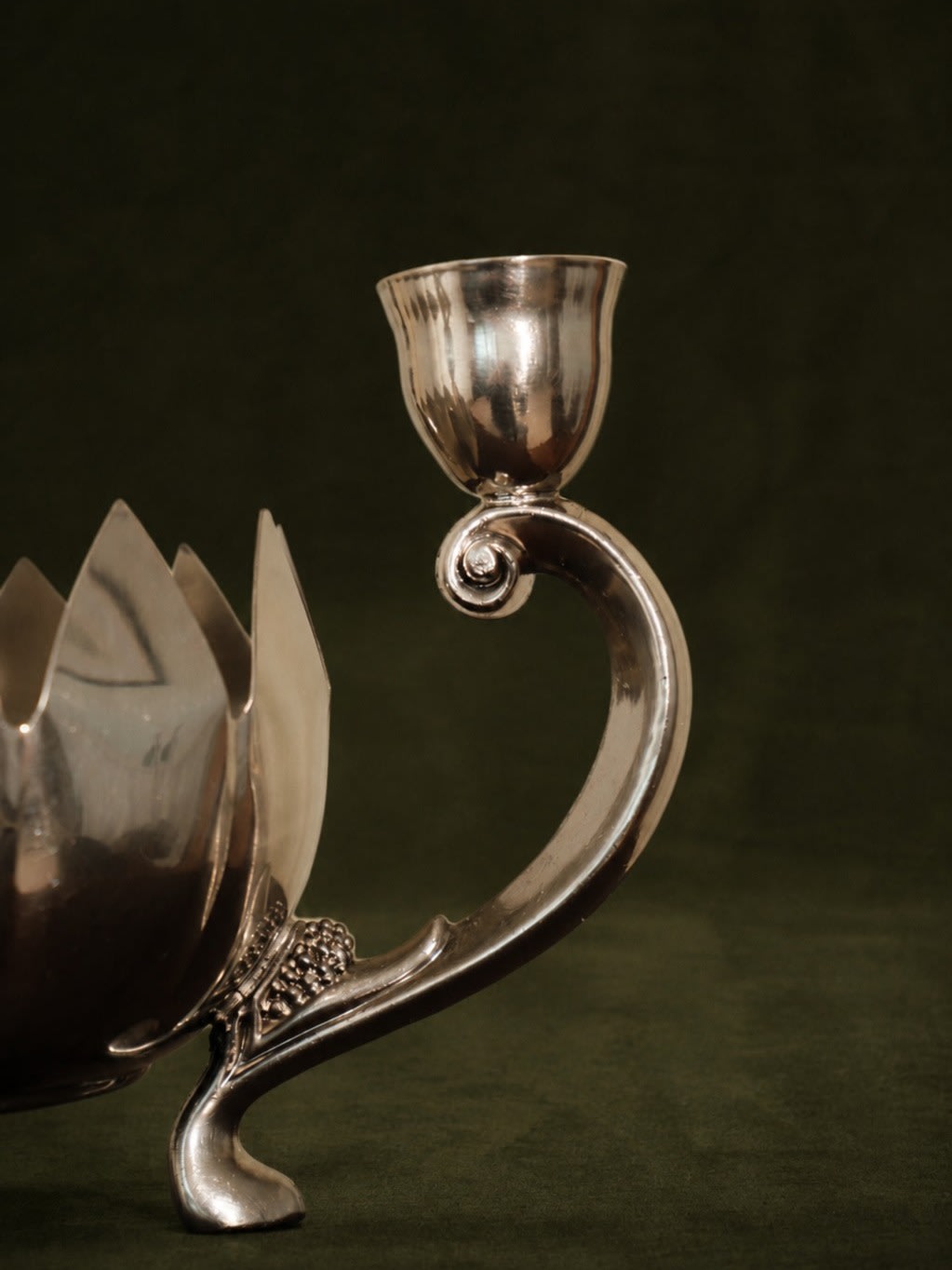 Vintage Silver-Plated Lotus Flower Three-Branch Candle Holder — side angle