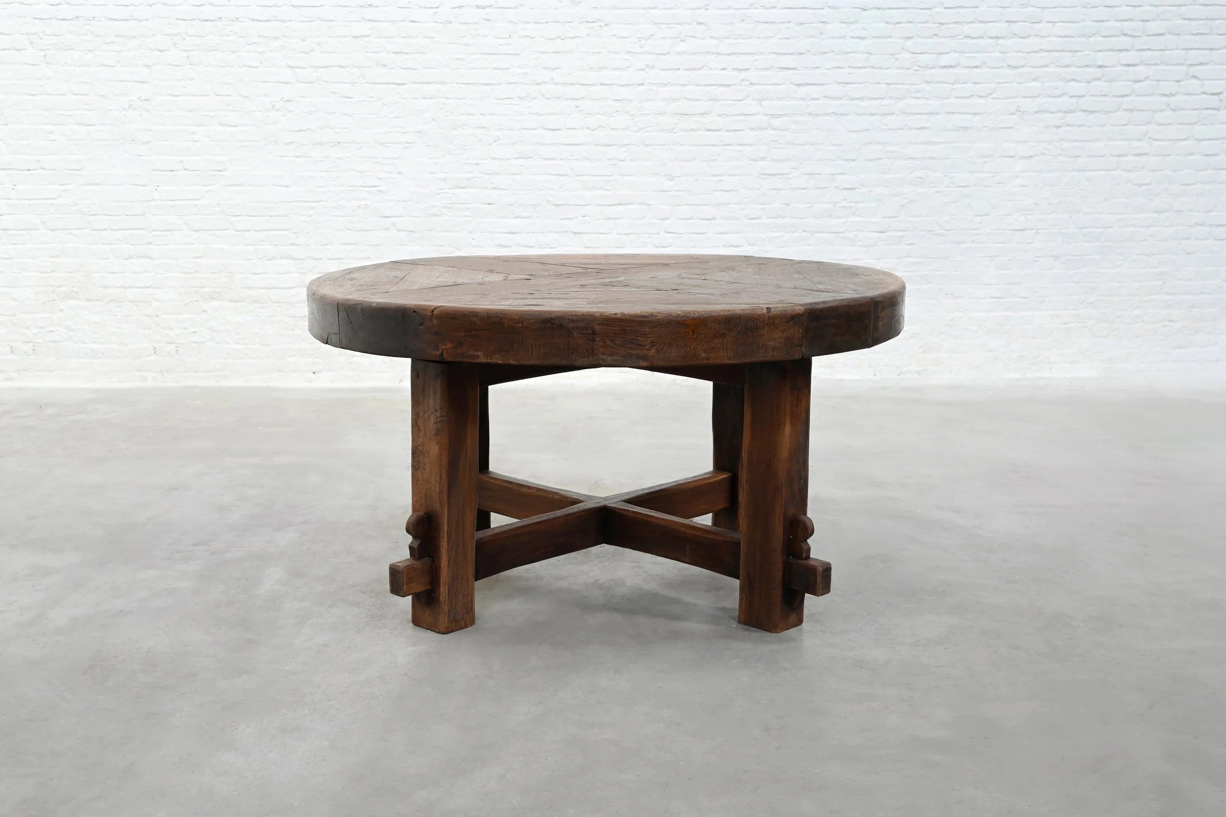 Rustic Wooden Dining Table, France 1920s — side angle showing round top and sturdy legs