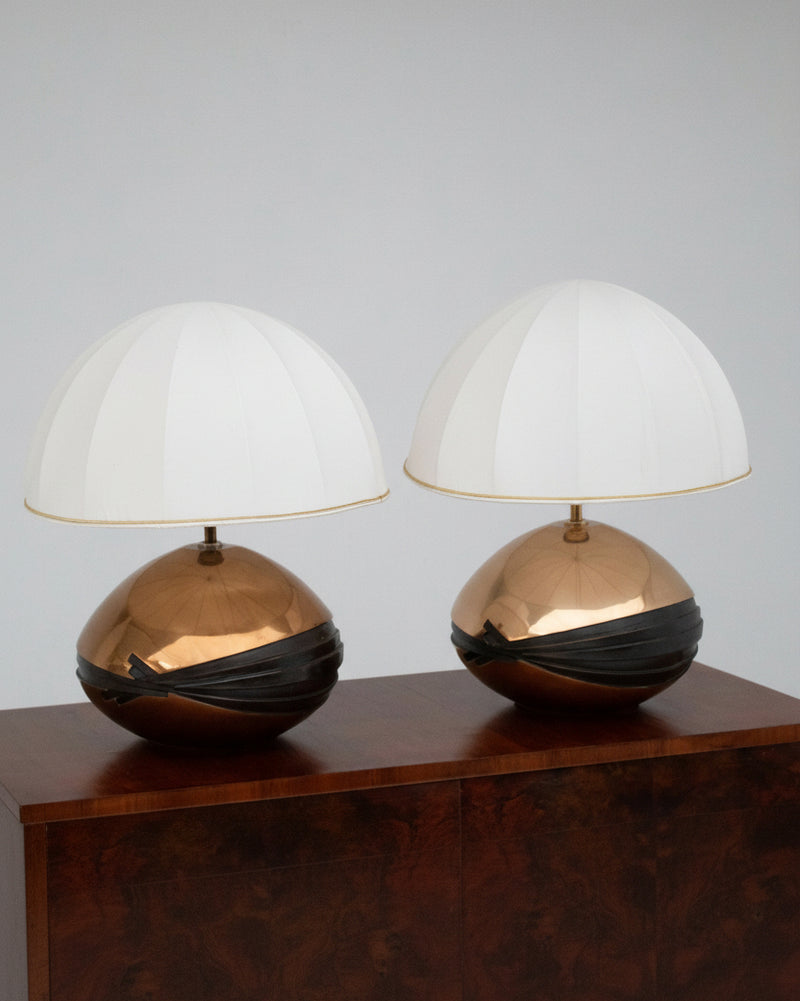 Brass Table Lamps in Fabric and Textile by Esa Fedrigolli for Esart | The Oblist — modern design, white fabric shade