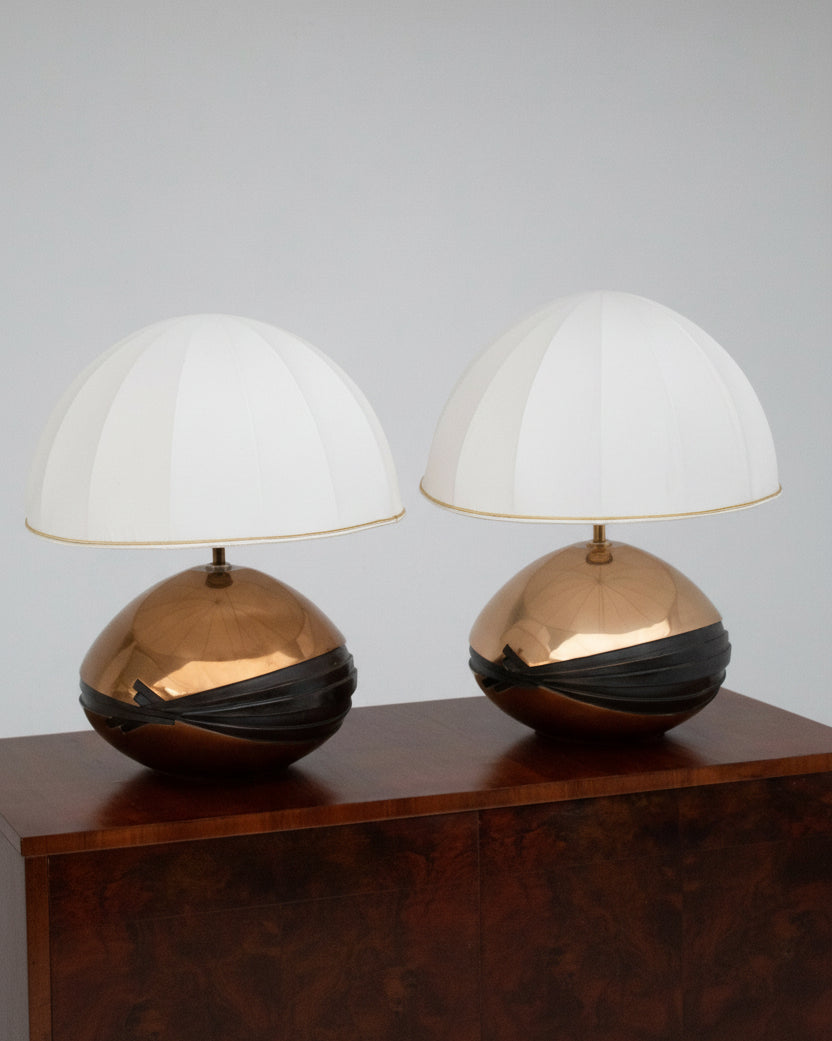 Brass Table Lamps in Fabric and Textile by Esa Fedrigolli for Esart | The Oblist — modern design, white fabric shade