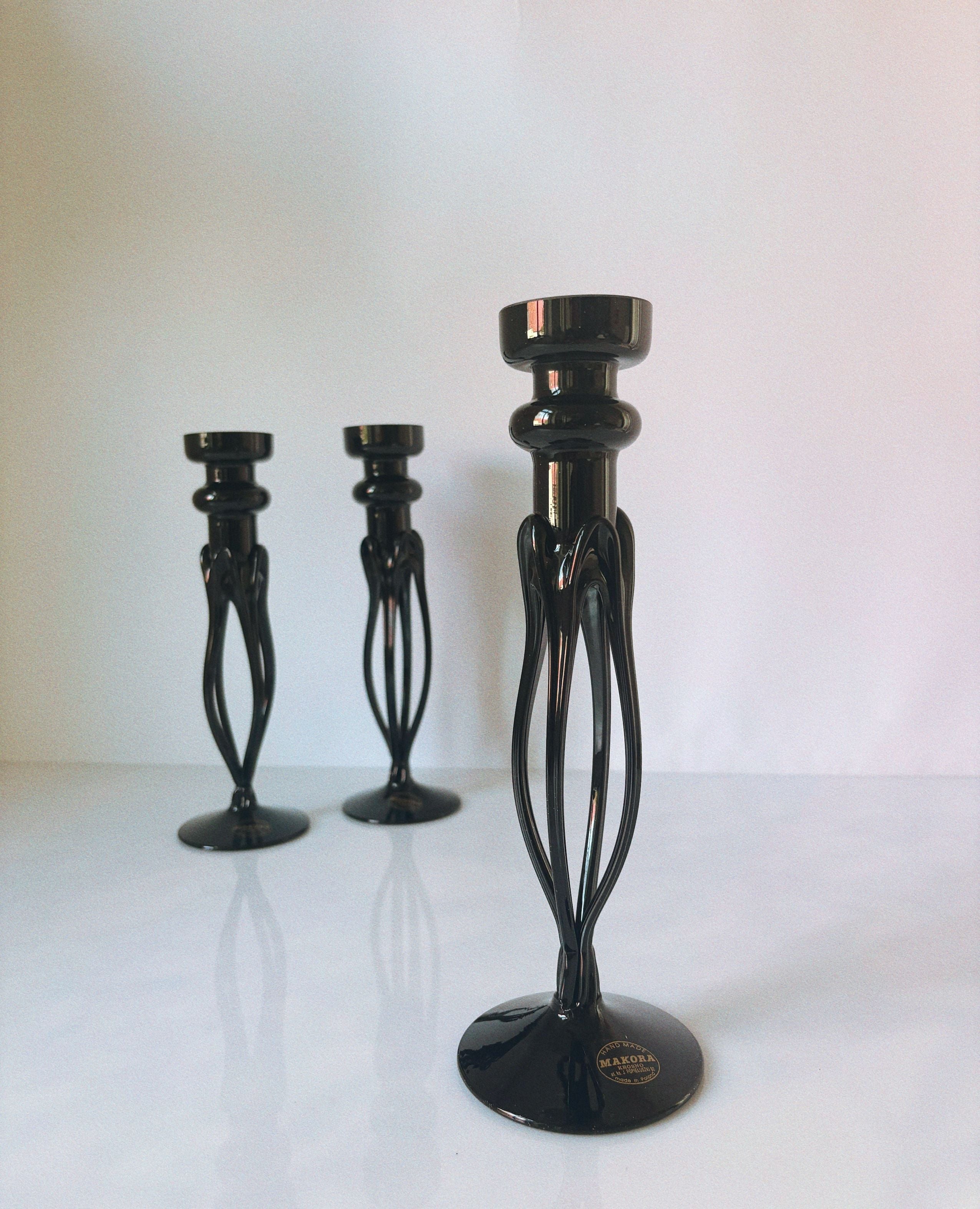 Black Makora Krosno art glass candleholders with twisted stems detail