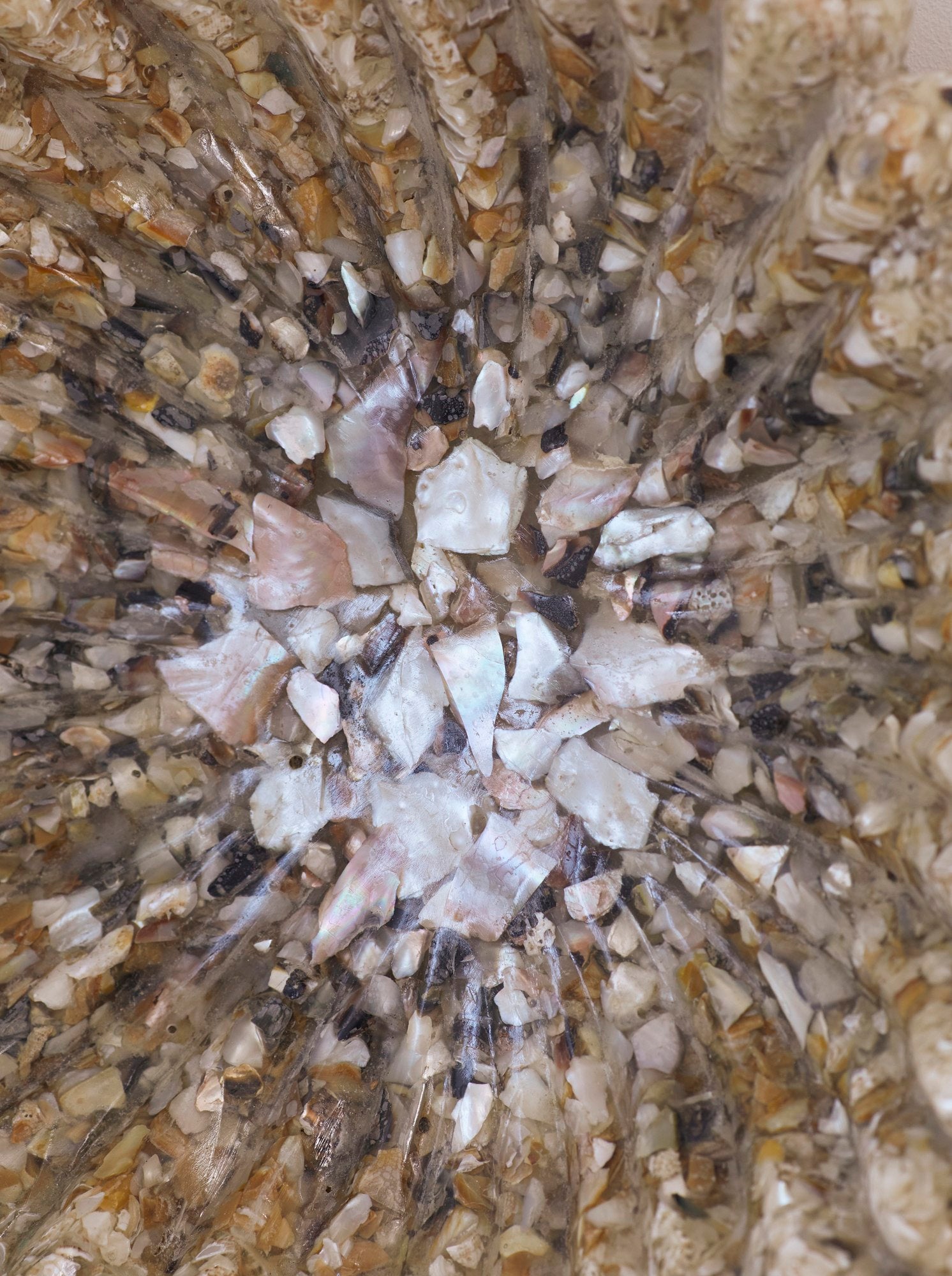 Spectacular 1960S French Set Of Cast Resin, Shell and Metal Inclusion Artisanal Sculptures — close-up of textured shell and r