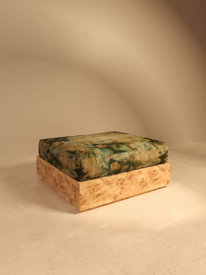 KAVA Collection II POUF – Maple Burl Finish, Pierre Frey Upholstery by VandaVee | The Oblist