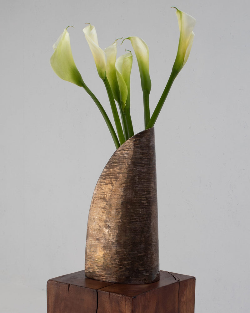 Jordan Sheffield Collection Silver Plated Vase — close-up with white calla lilies