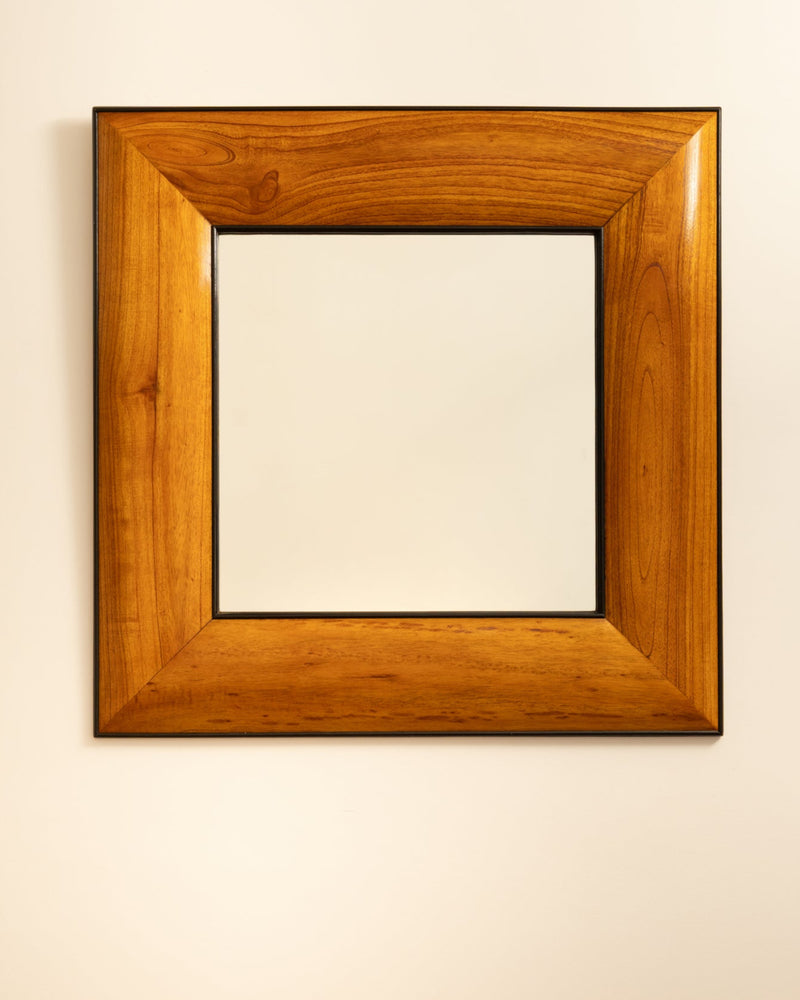Square wooden frame mirror with natural wood grain and beveled edges