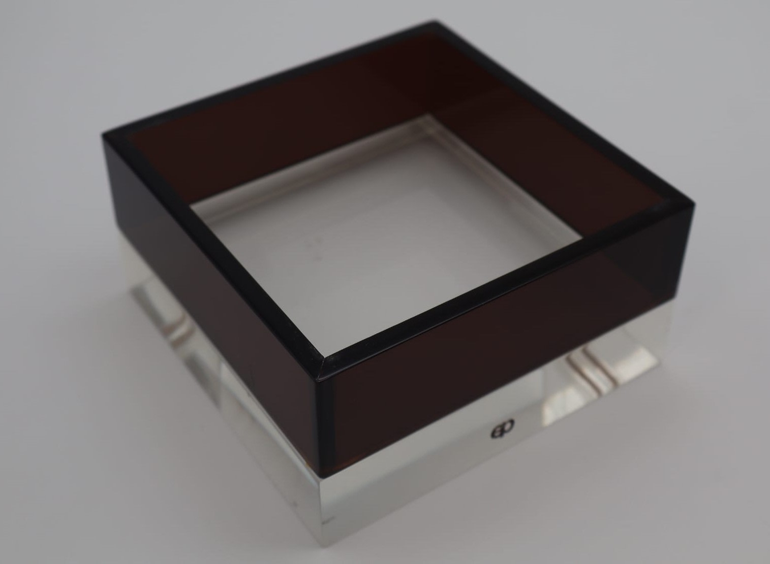 Mid-Century Modern Acrylic Cube Box, Italy, 1970s — side angle showing dark acrylic top
