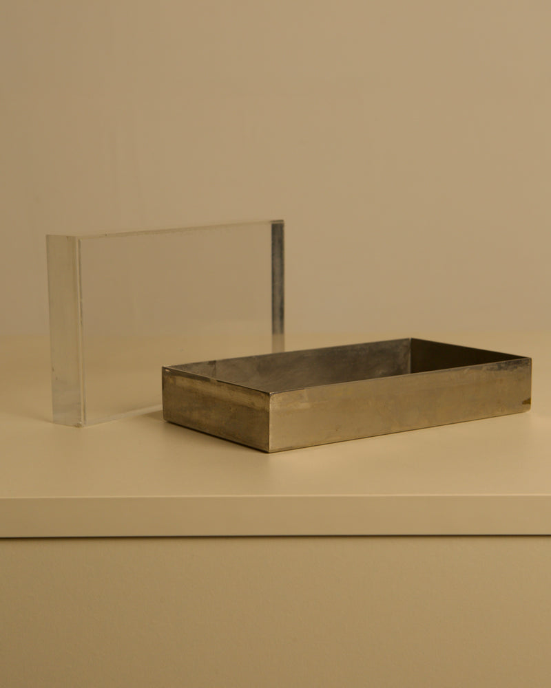 Rectangular Italian Box in Silver and Plexiglass, 1970s — close-up of silver box with plexiglass side