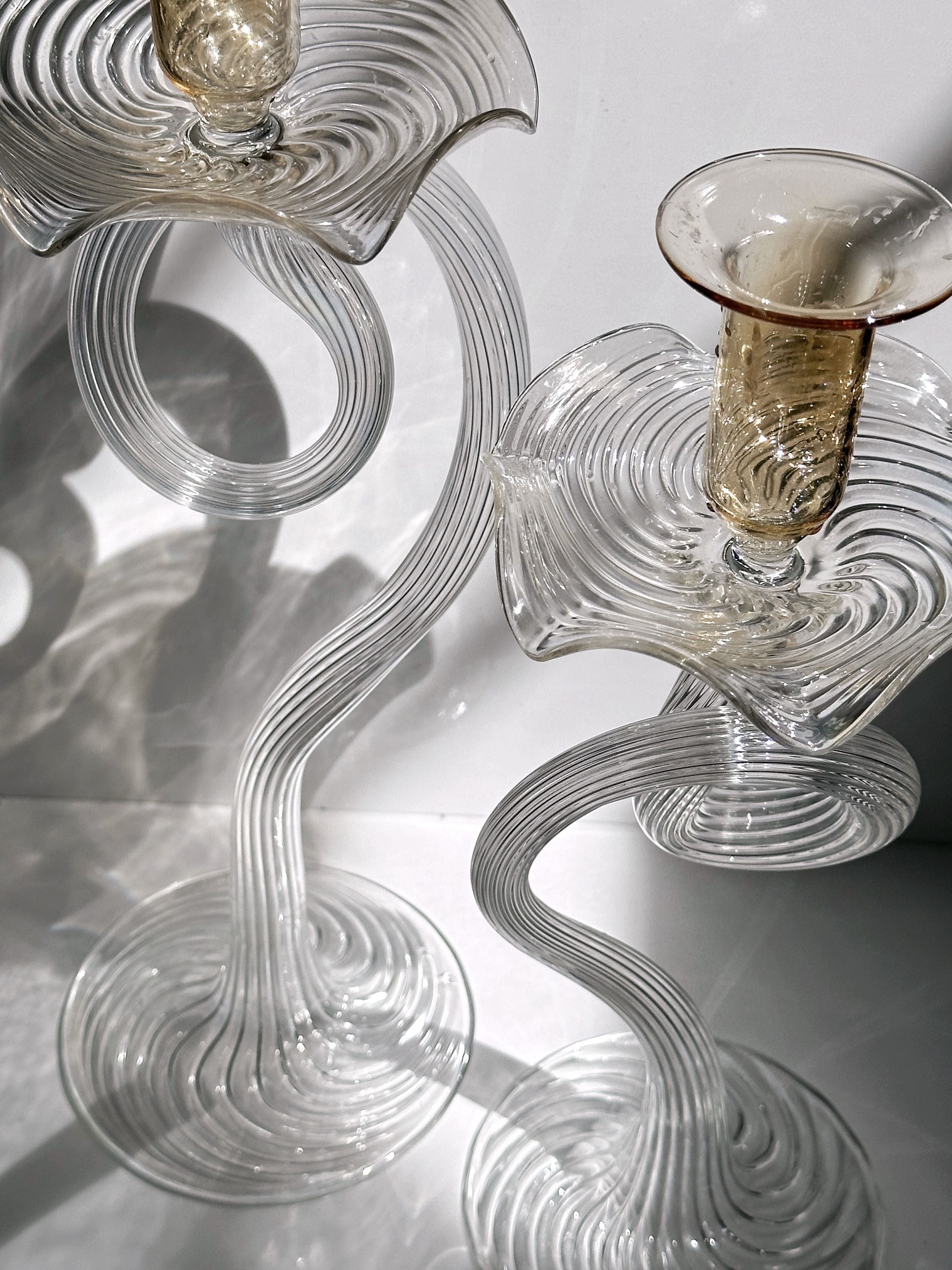 2 Handmade Murano Glass Candleholders — back view highlighting clear glass design