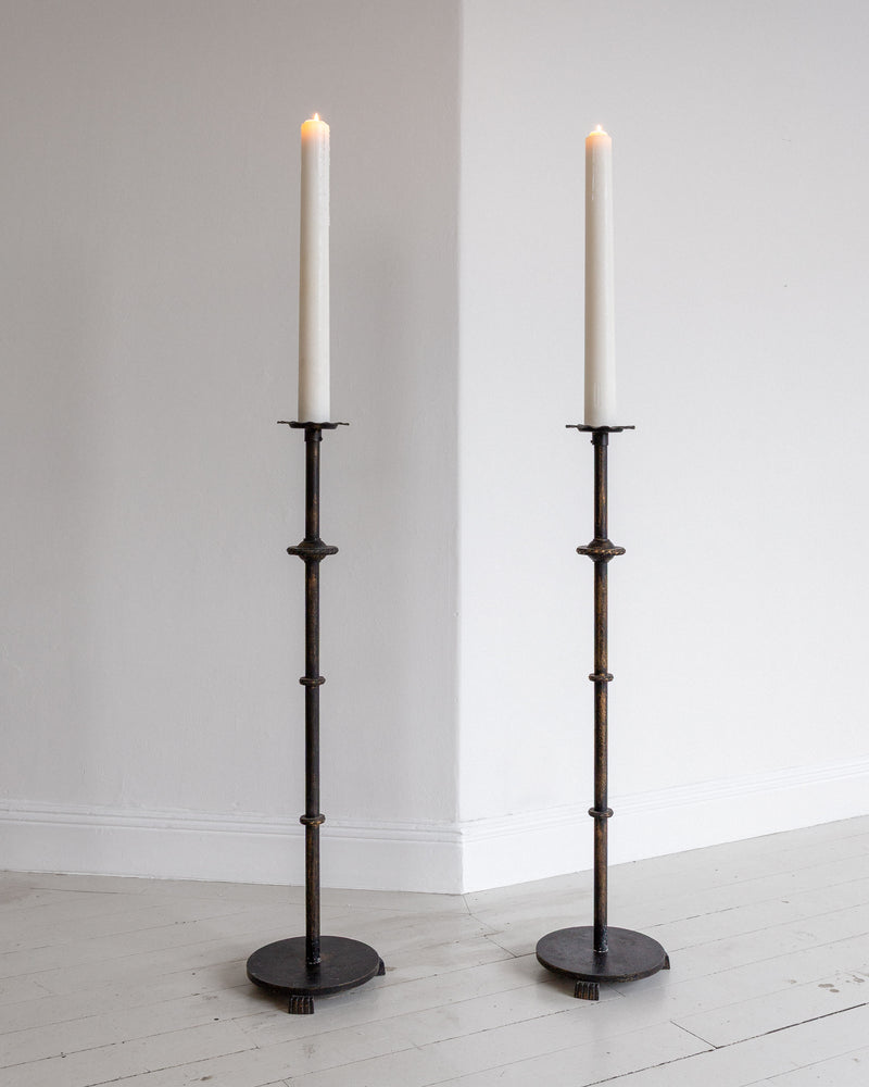 Pair of Monumental Cast Iron Floor Candleholders by Böhlmarks | The Oblist — vintage black iron