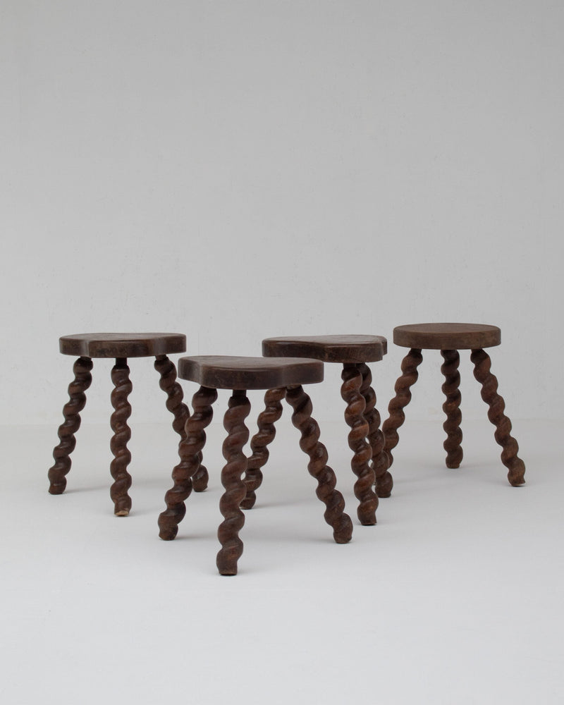 Set of 4 Primitive Oak Stools with Spiral Legs by Malata Antwerp | The Oblist