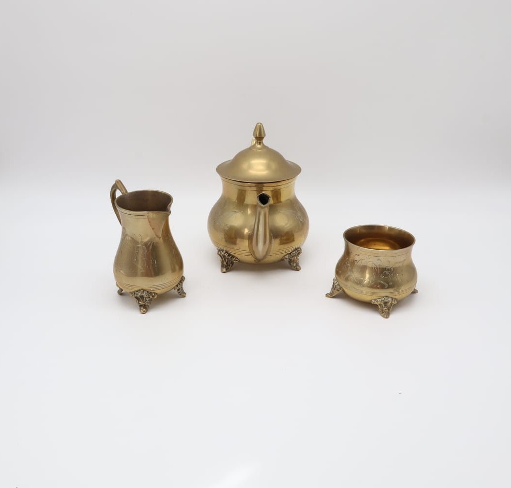 Mid-Century Brass Tea Service with Tray – India, 1960s — lifestyle setting