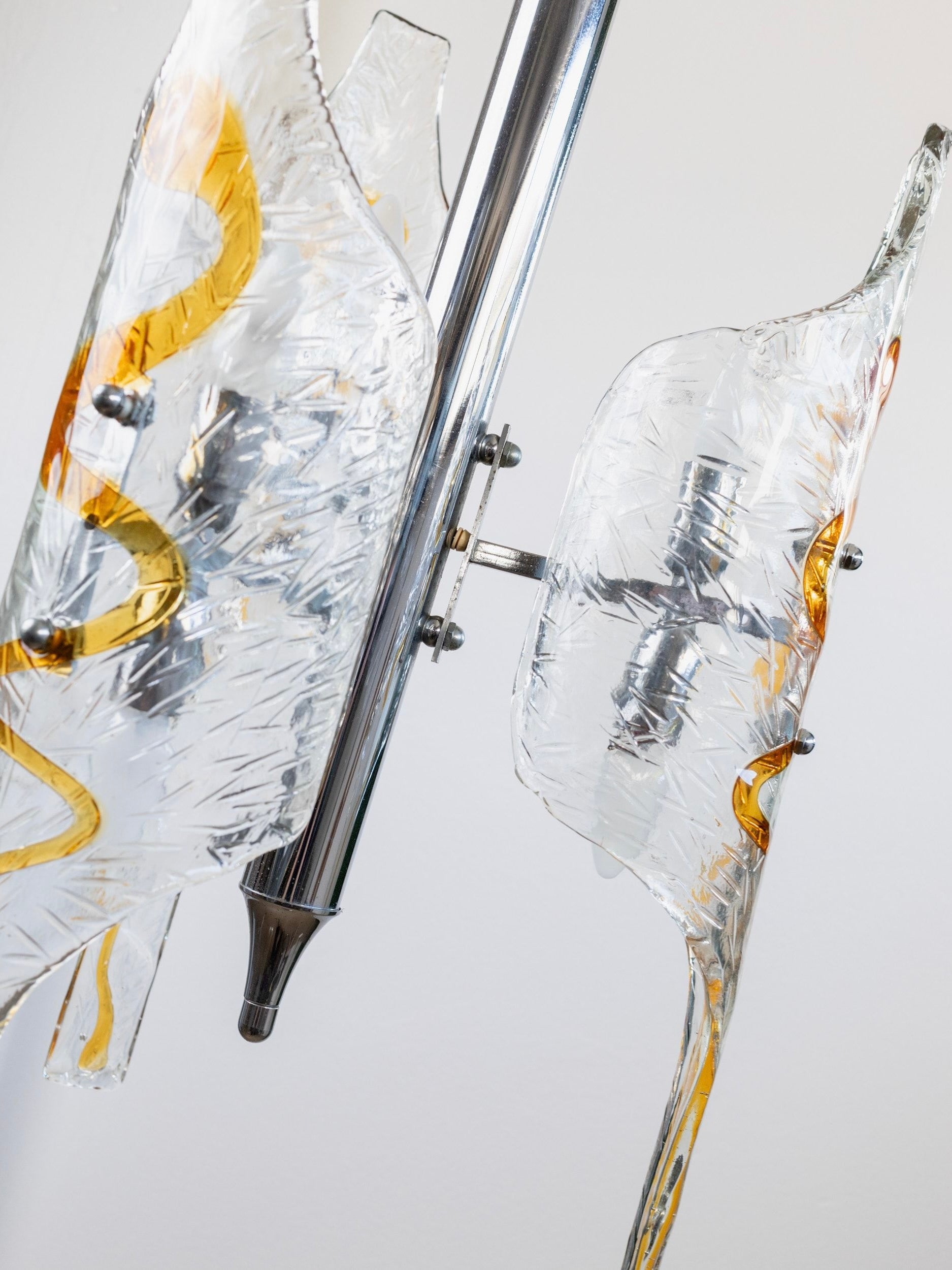 Vintage Murano Glass Chandelier by Toni Zuccheri for Mazzega — side angle showing clear glass with amber accents