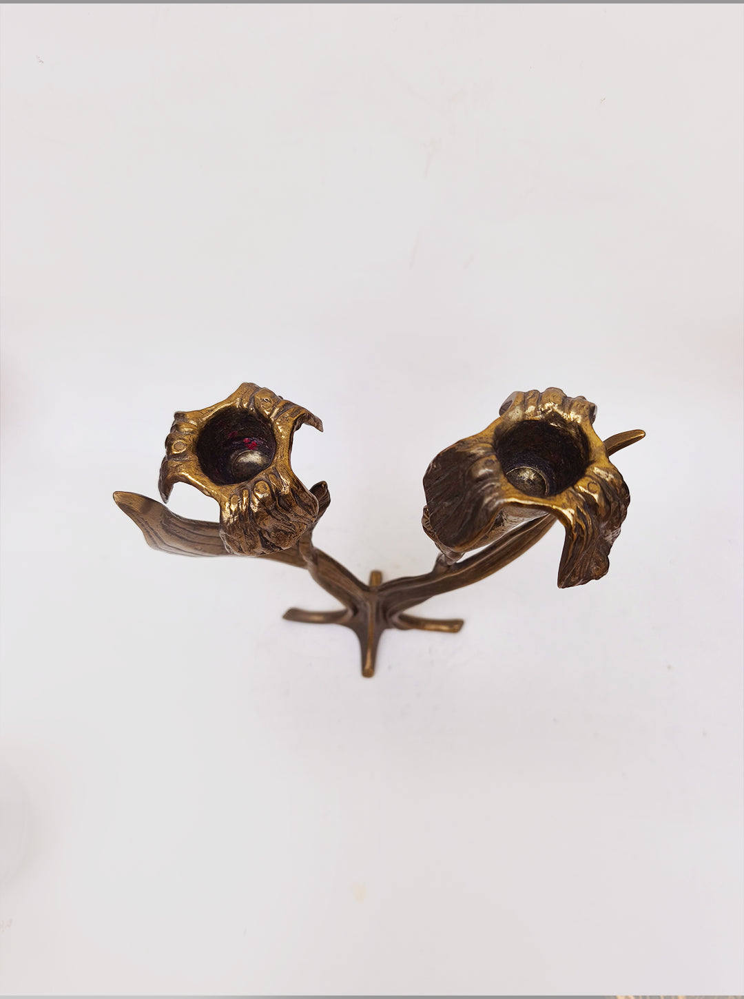 Art Nouveau Floral Candle Holder — top view of brass design with two holders