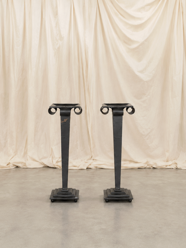 1960s French Vintage Art Deco Wrought Iron Candlesticks — detail view