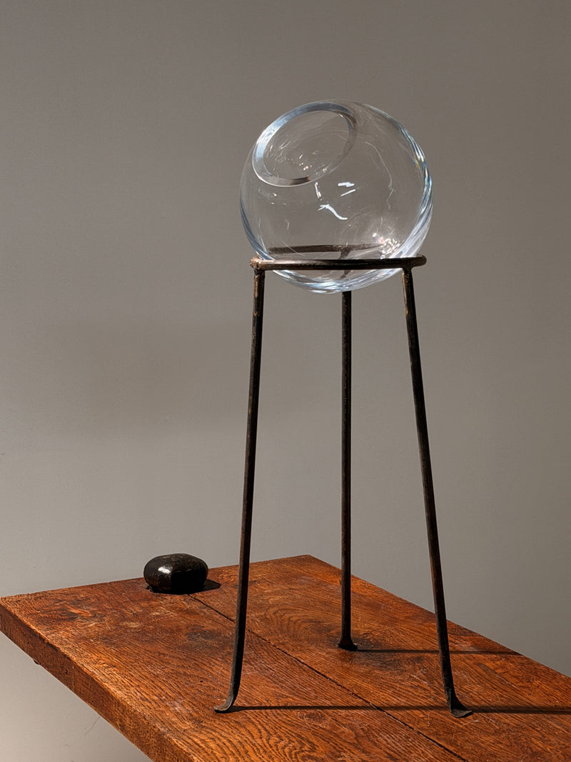 Glass orb vase on wrought iron tripod stand, France, circa 1960 by Figuresdesign | The Oblist