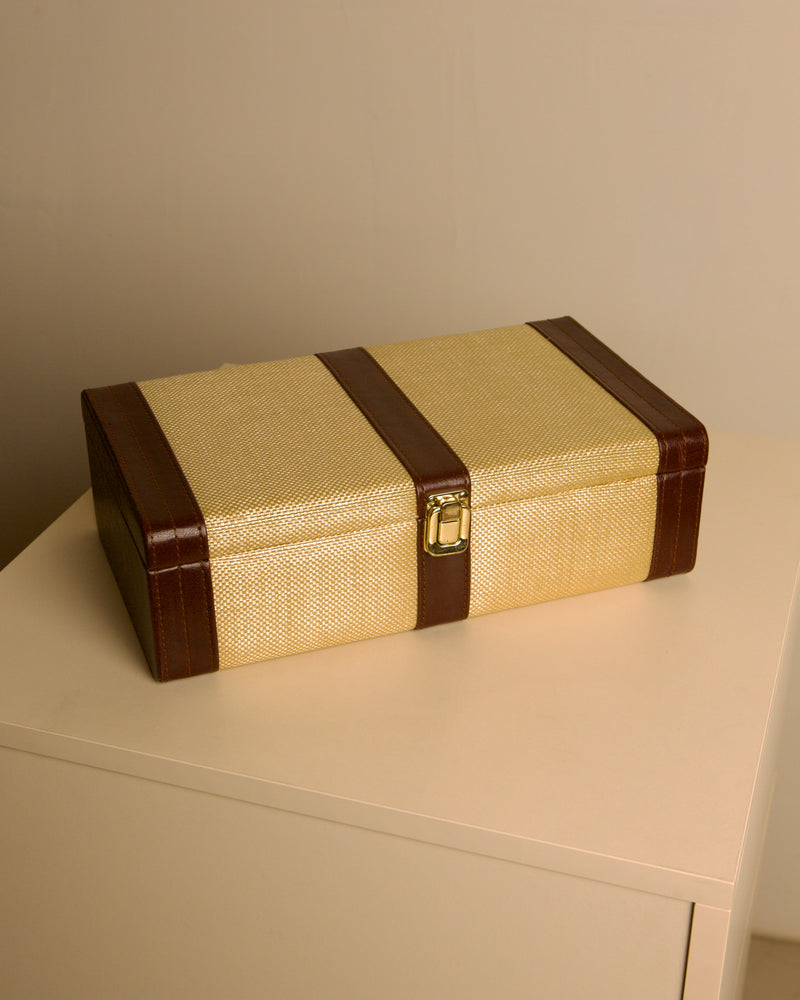 Woven-fabric and leather trunk box, Italy, 1960s by Treaptyque | The Oblist
