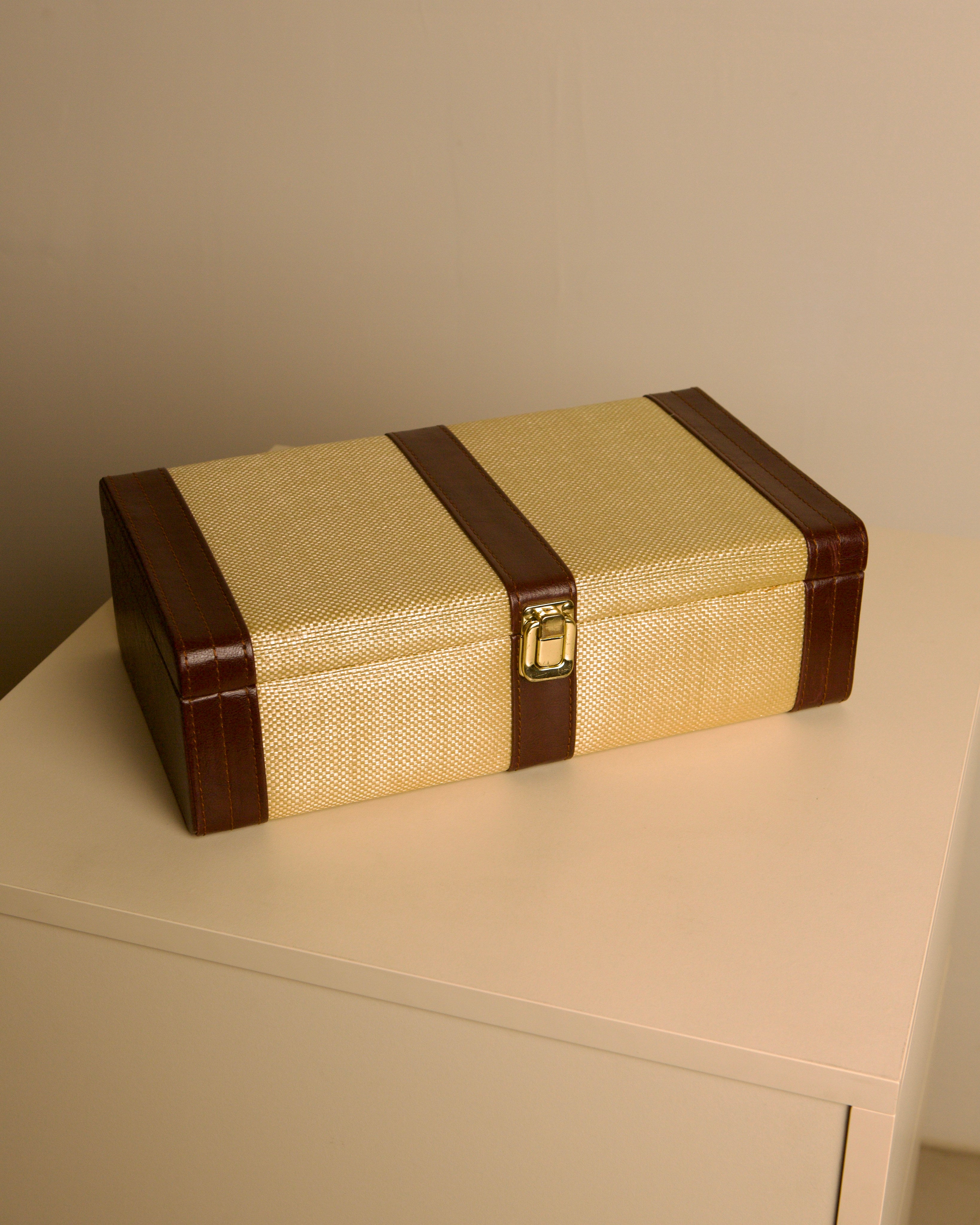 Woven-fabric and leather trunk box, Italy, 1960s by Treaptyque | The Oblist