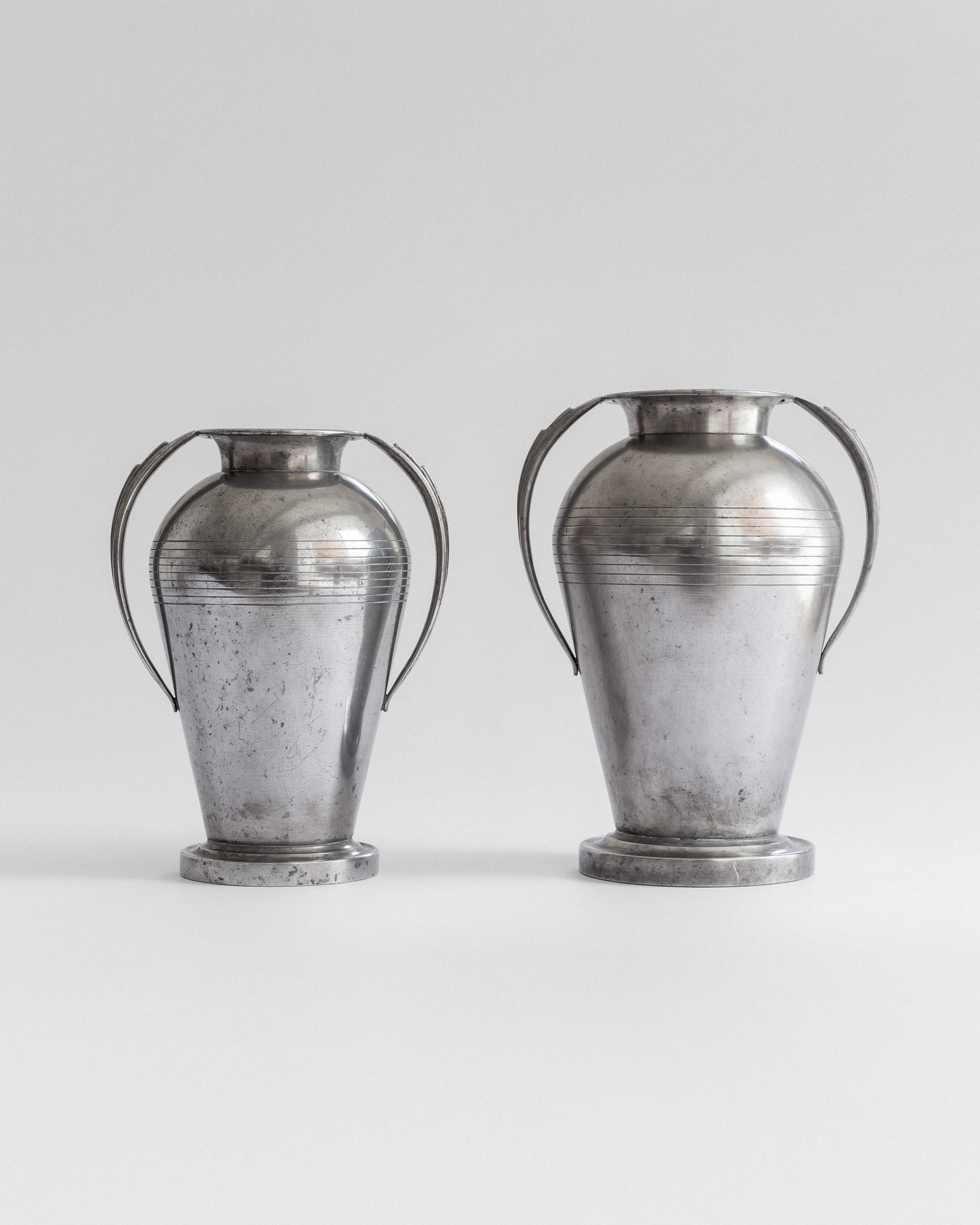 Monumental Art Deco Pewter Vases by GAB, Sweden, 1930s — detail view