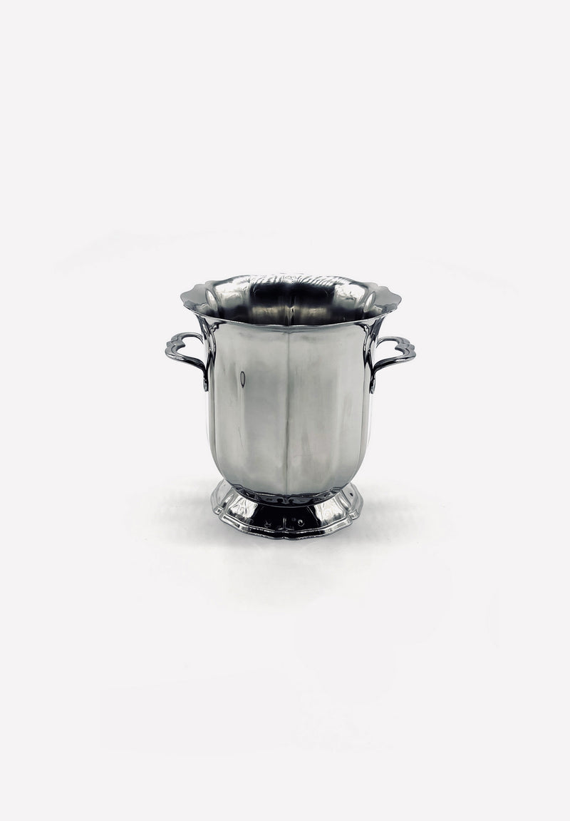 Vintage stainless steel ice bucket with handles and scalloped rim