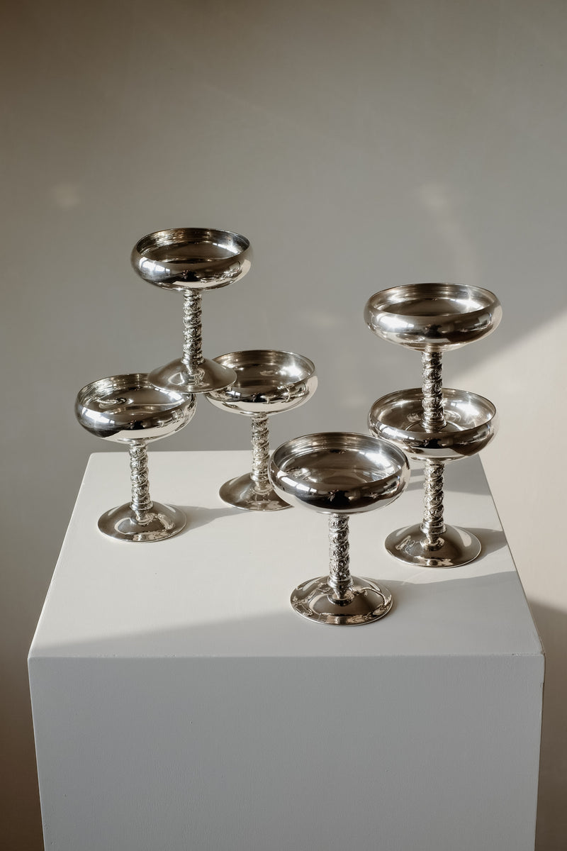 Set of 6 Silver Coupes — close-up of polished silver finish on pedestal