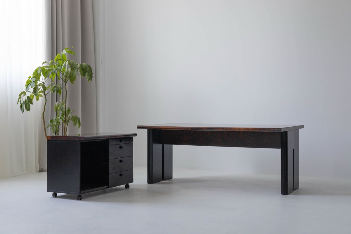 Executive Burlwood Desk and small cabinet 1980s — close-up