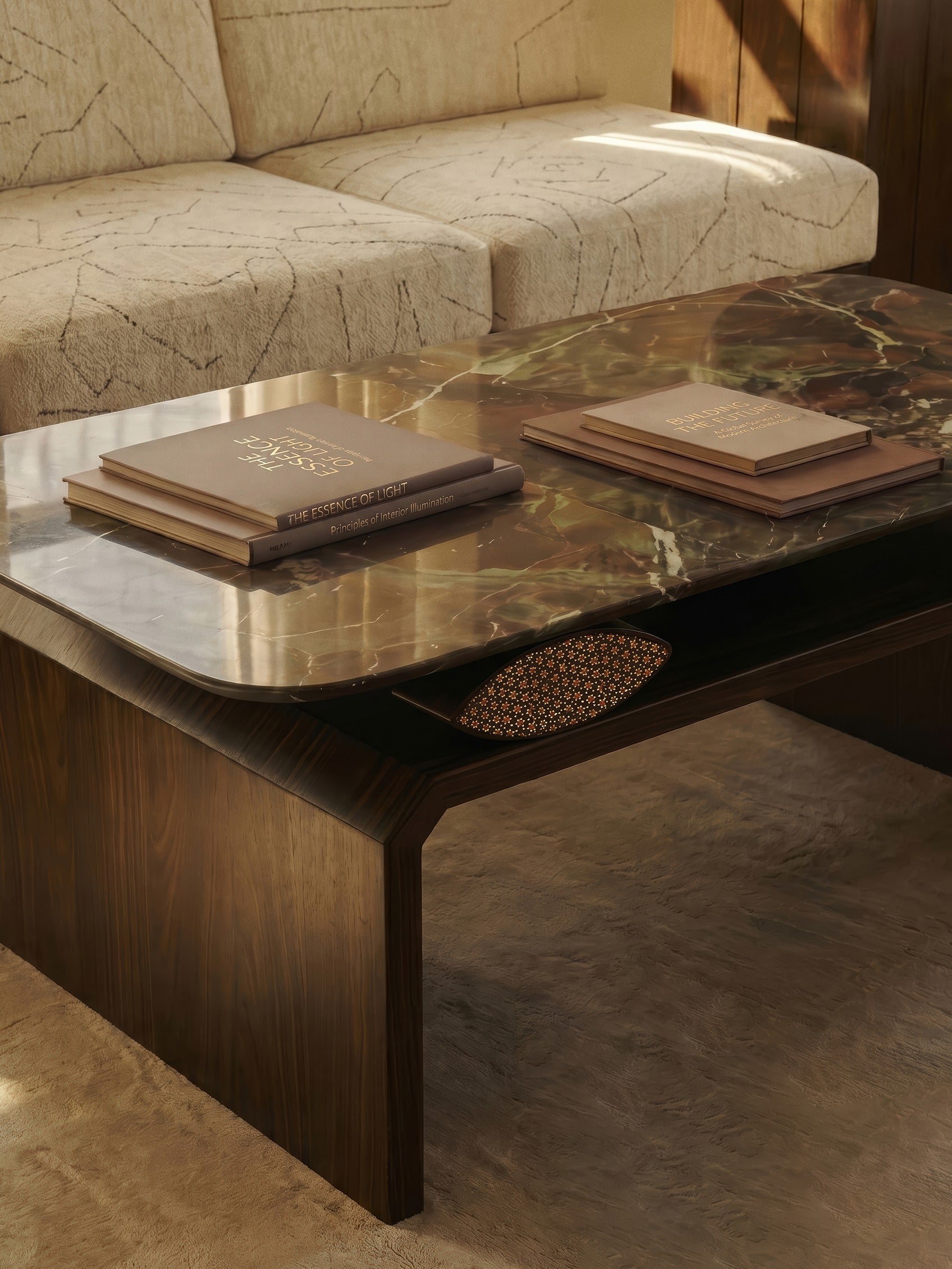 NAZAR II Coffee Table in Ocean Red Granite, Walnut and Khatam Marquetry — lifestyle setting