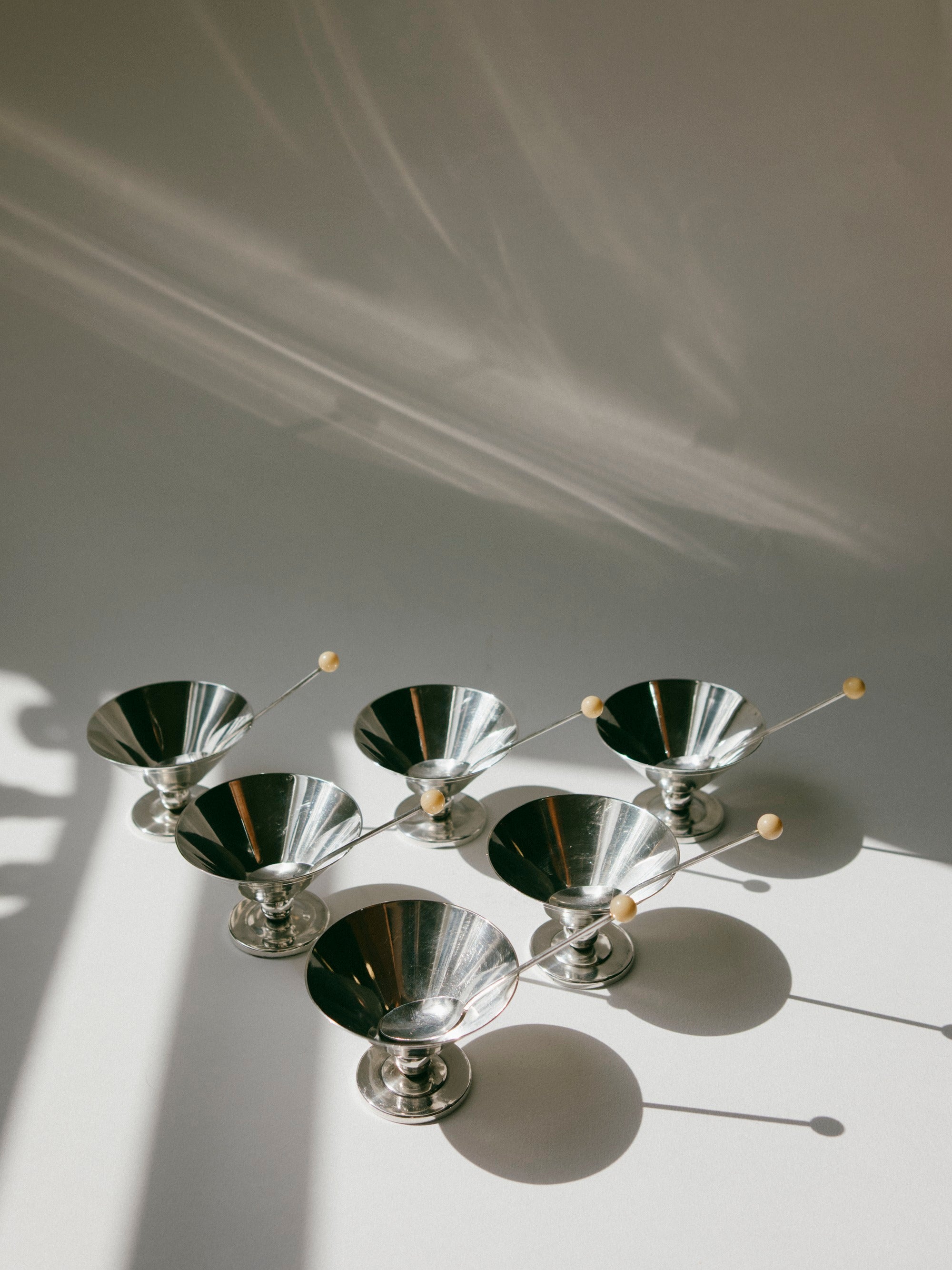 Set of 6 Art Deco Silver-Plated Ice Coupes with Beaded Spoons, France, c. 1930s — side angle