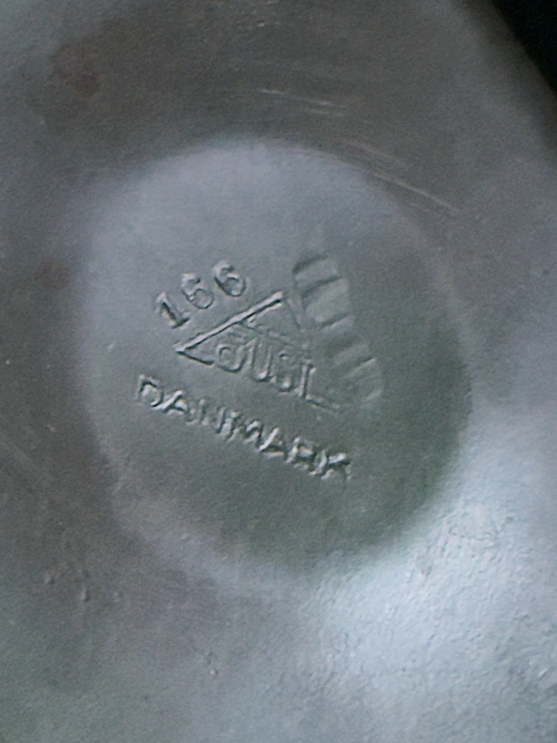 Hexagonal Just Andersen Bowl in Disko Metal — close-up of embossed maker's mark