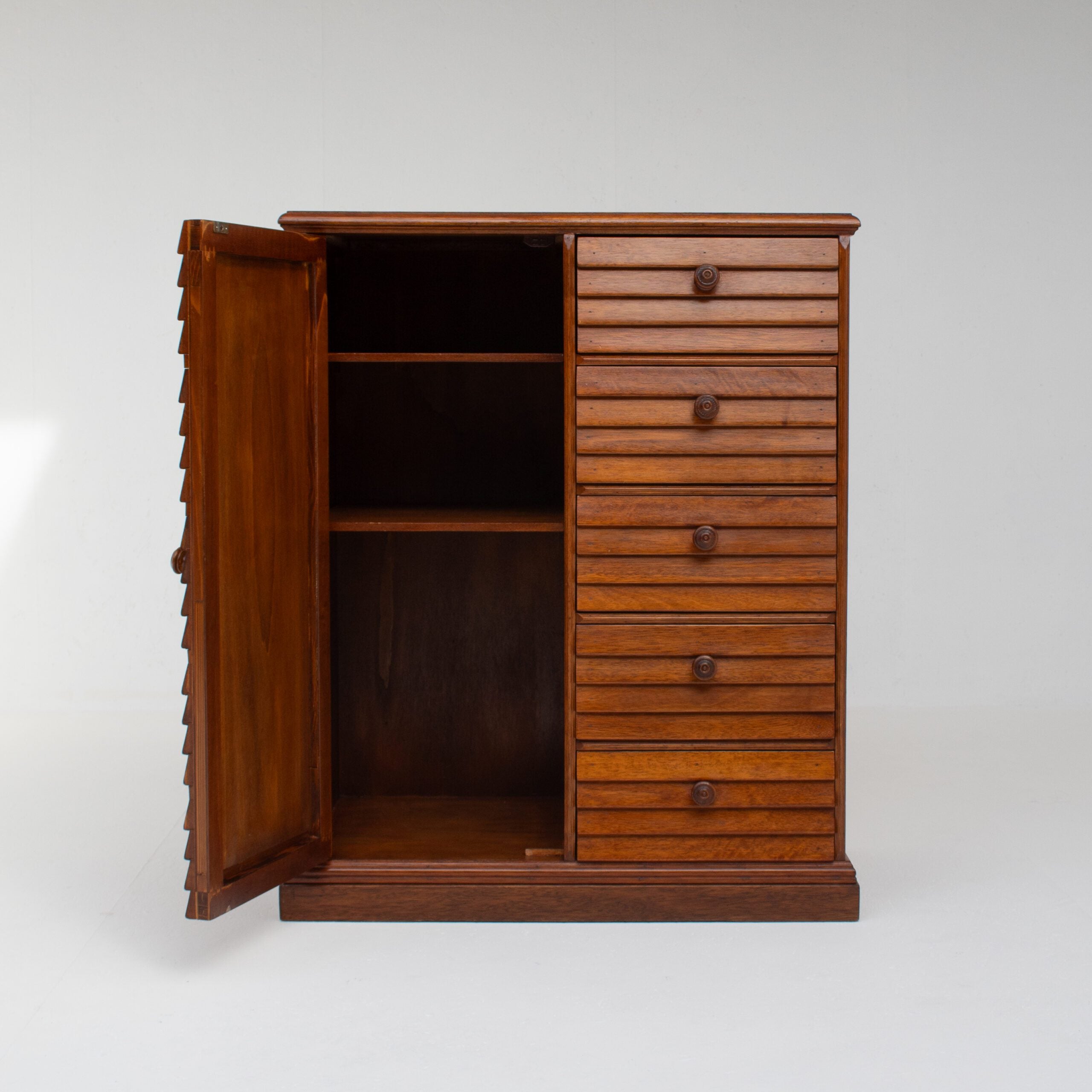 Mid Century Slatted Cabinet with Drawers and Storage — side angle