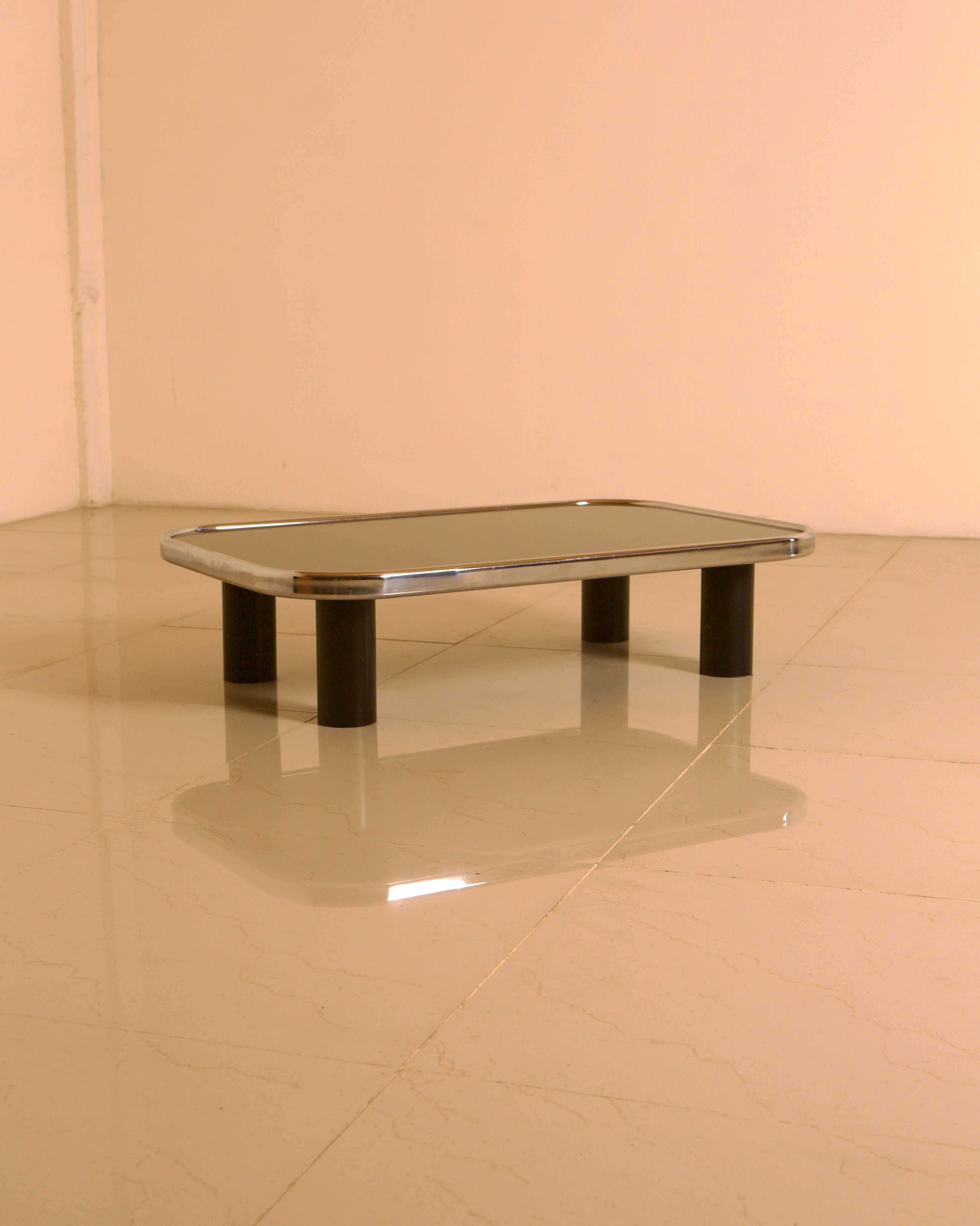 Smoked Mirror & Chrome Coffee Table, Willy Rizzo Style, 1970s Italy — detail view