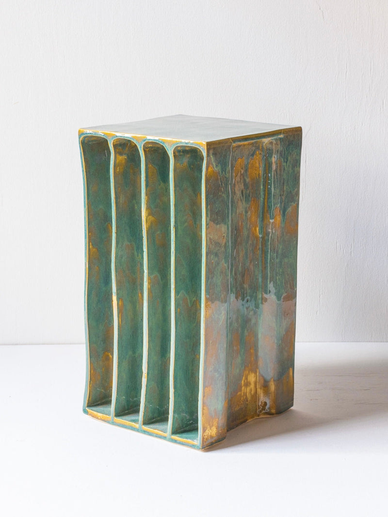 Temple' Side Table 1 by Christopher Merchant Studio | The Oblist — handcrafted ceramic, green and gold finish