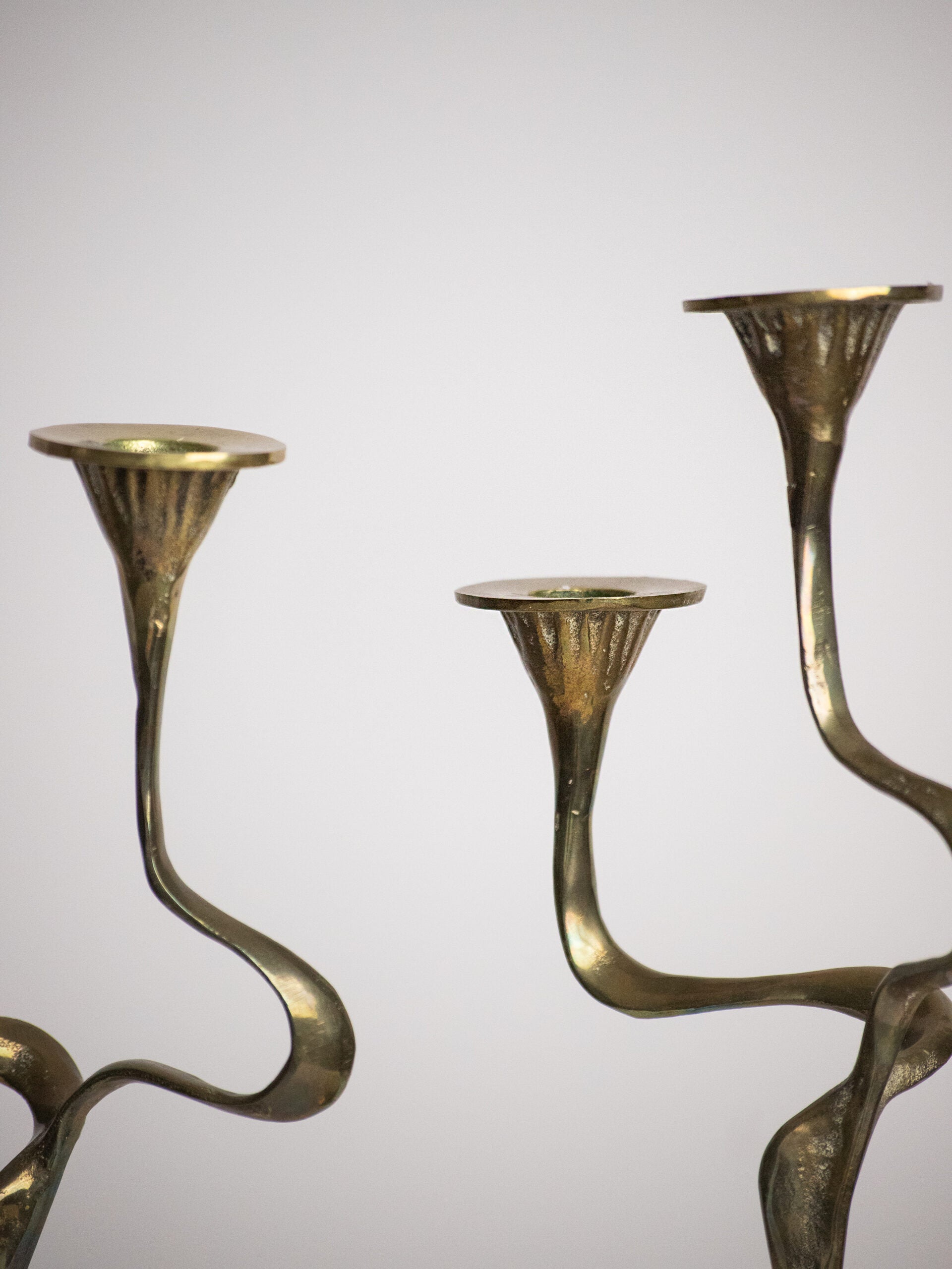 Pair of Brass Serpentine-Arm Candelabra, Organic Brutalist Style, Attributed to Kurt Jesch, Austria 1960s — side angle