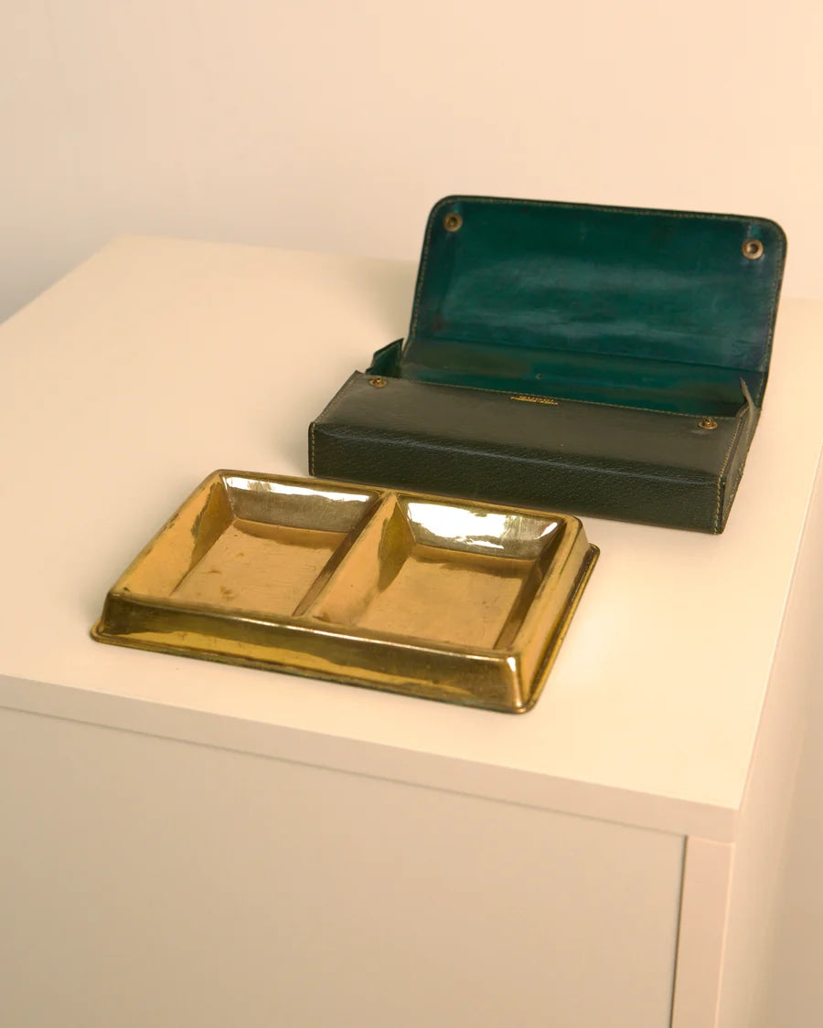 Vintage Gucci vide-poche brass tray with green leather case detail