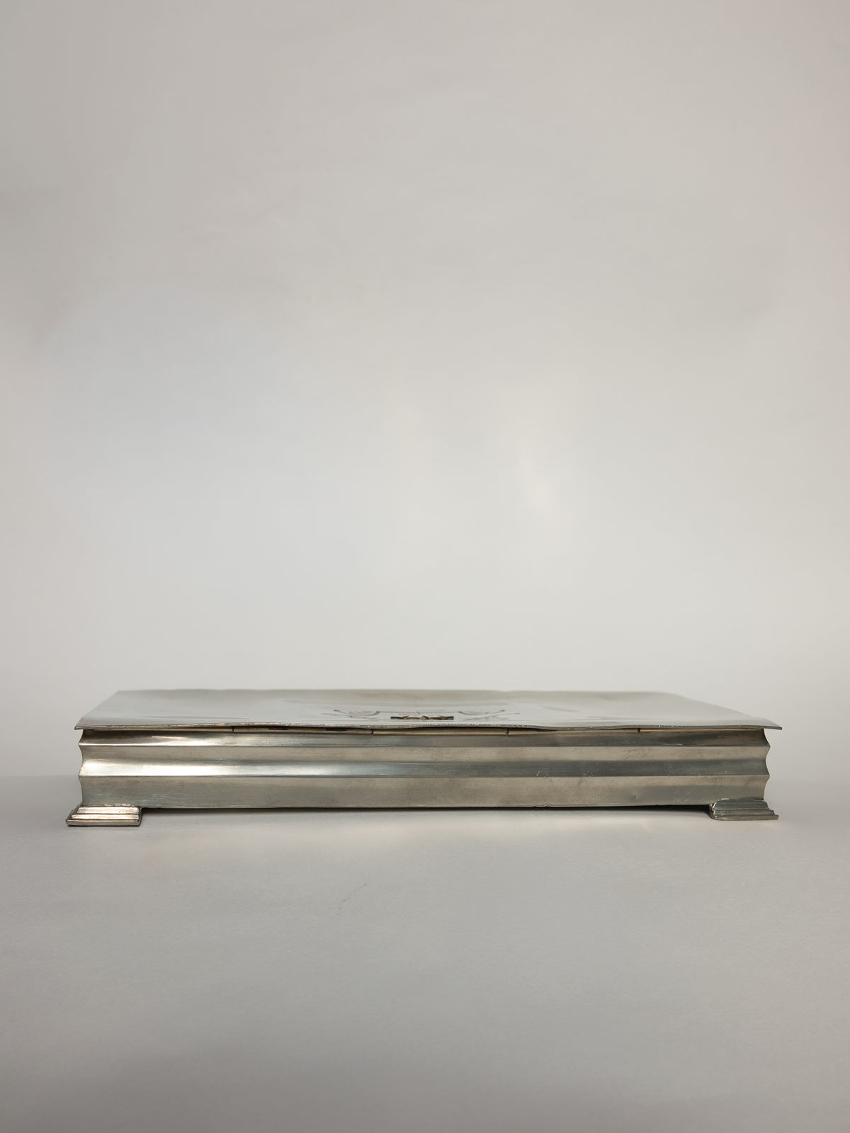 1931 Swedish Art Deco Pewter & Enamel Playing Card Box — side angle
