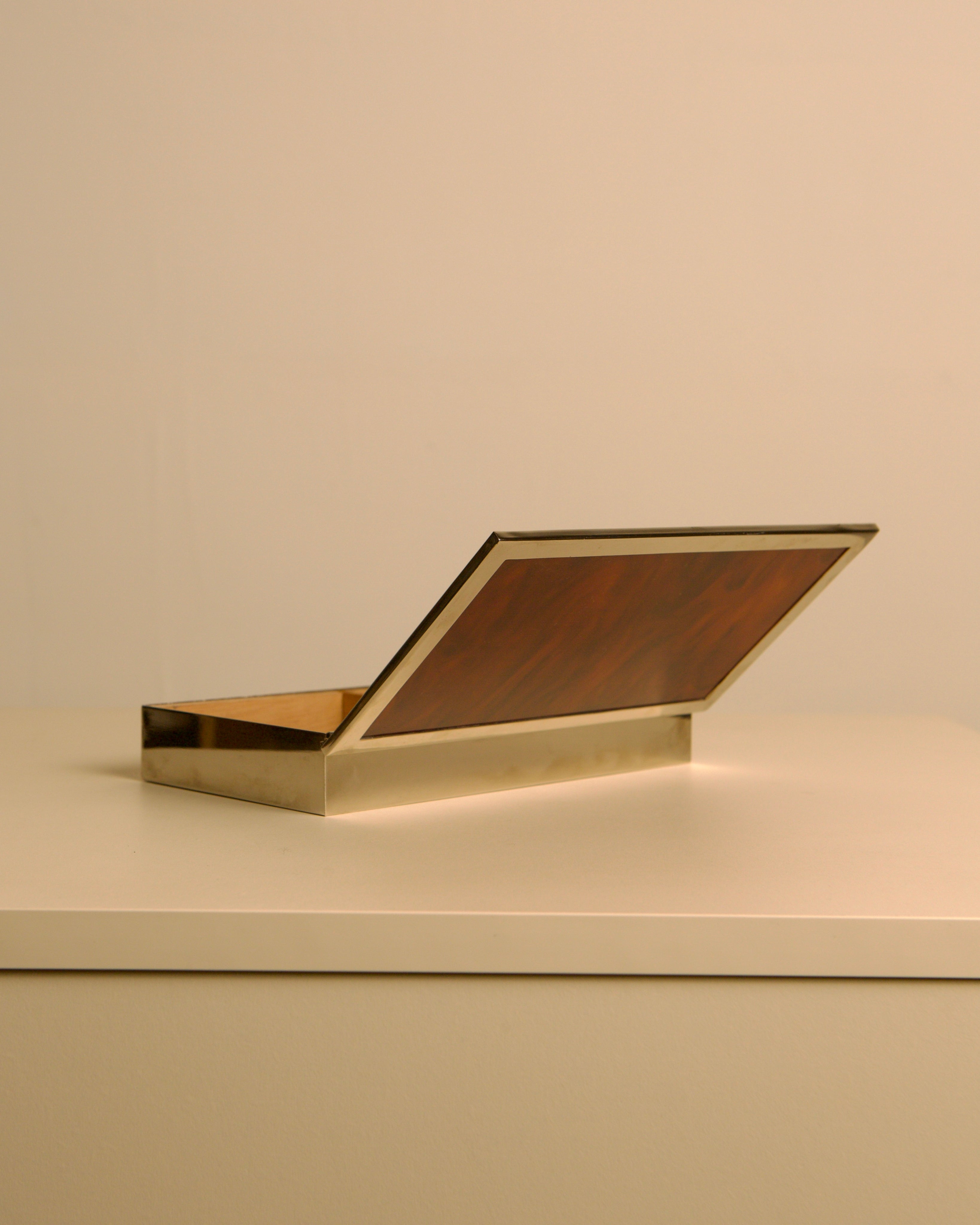Italian rectangular box in chrome metal and faux tortoiseshell lacquer with light wood int — alternate view